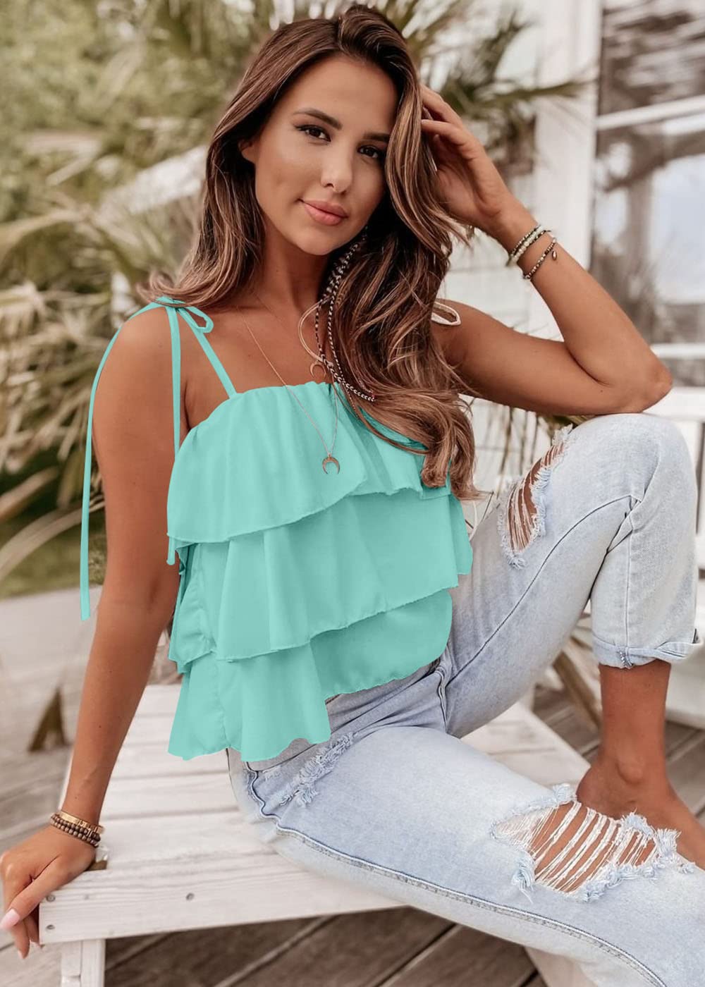 FreshPretty Spaghetti Strap Ruffle Babydoll Peplum Tank Tops for Women Summer Cute Flowy Beach Vacation Cruise Outfits