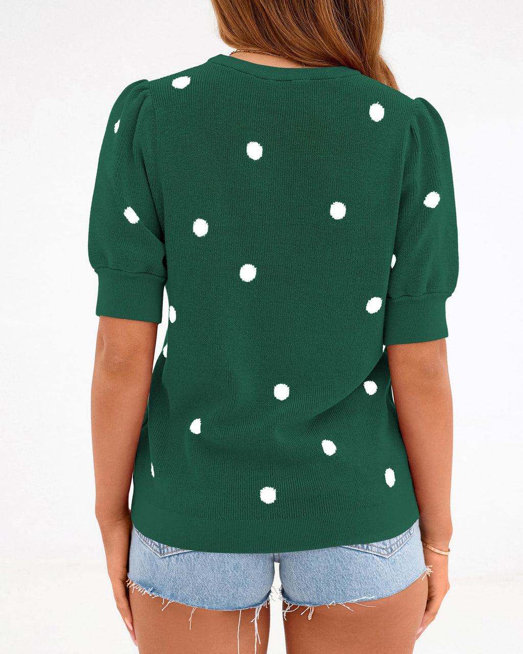 BTFBM Womens Sweaters Polka Dot Short Sleeve Sweater for Women Crew Neck Knit Summer Tops Business Dressy Casual Blouses