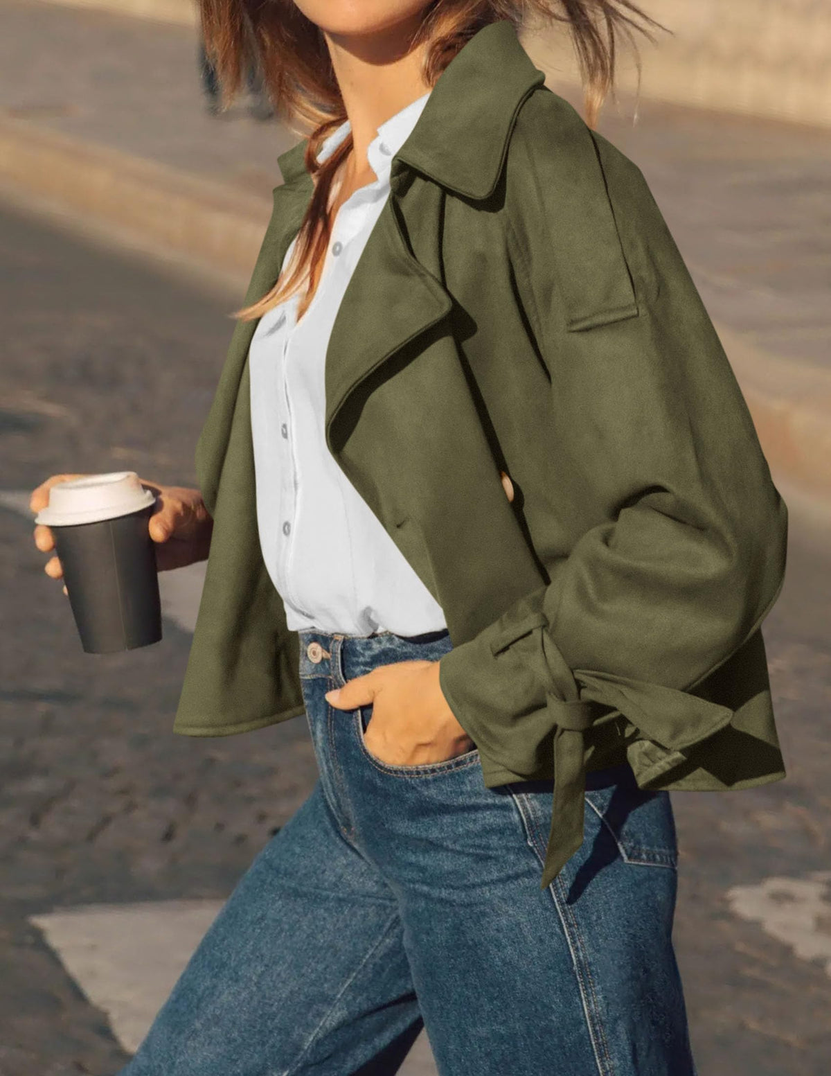PRETTYGARDEN Women Faux Suede Double Breasted Trench Coat Cropped Jackets Raglan Long Sleeve,Lapel,Tie Cuff,Button Down,Fall Fashion Outerwear,Winter Clothes,Work Office Casual Short Jacket