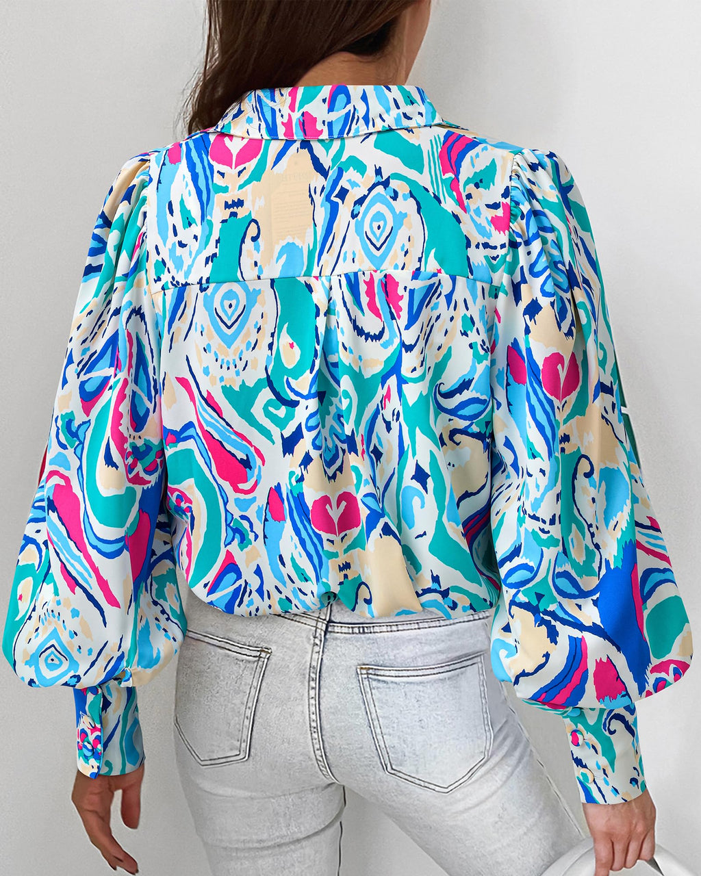 BTFBM Women Fashion Button Down Shirts V Neck Boho Printed Long Sleeve Blouses Dressy Casual Spring Fall Tops