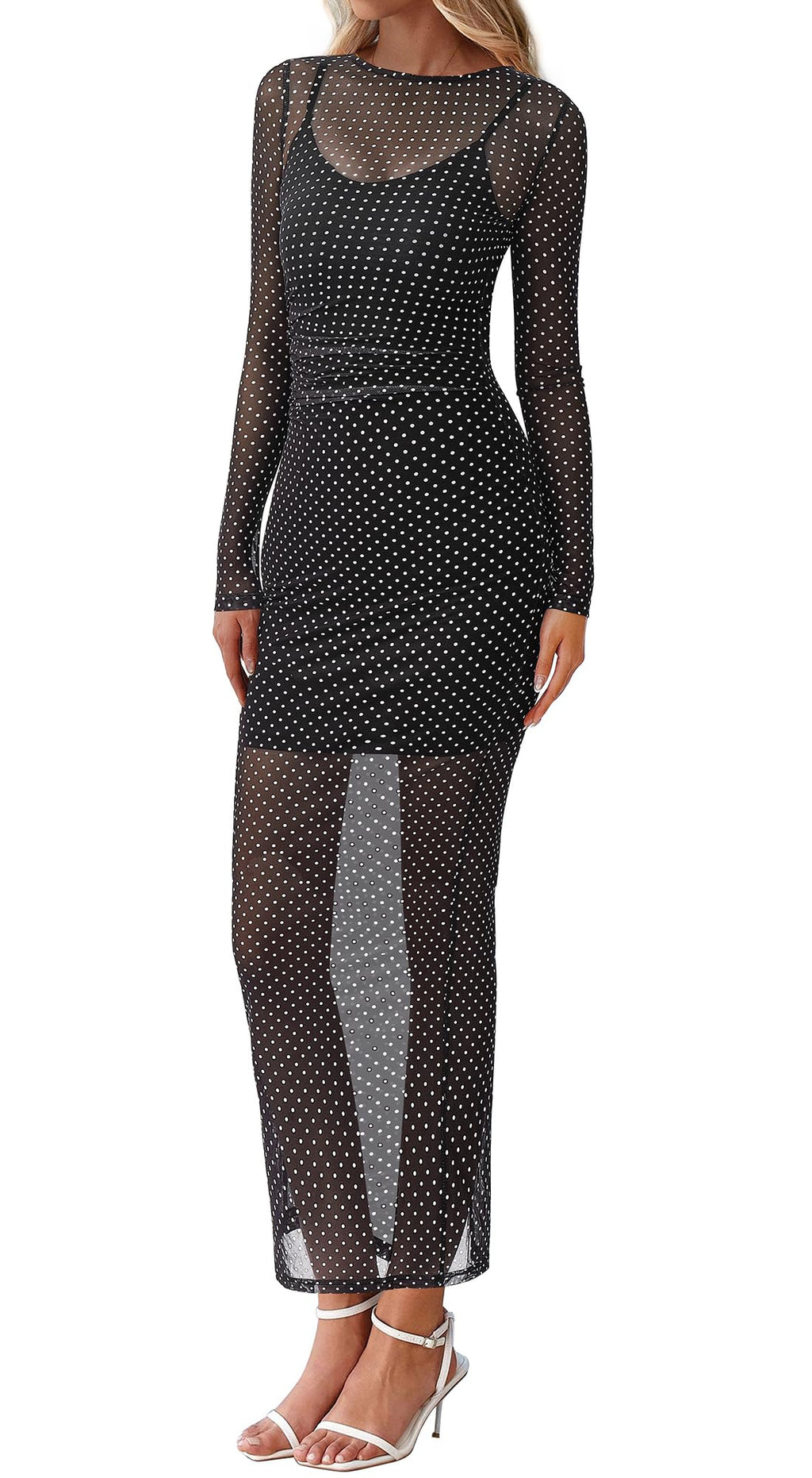 BTFBM Spring Dresses for Women 2 Piece Set Long Sleeve Polka Dot Sexy Bodycon Mesh Dress and Slip Dress Wedding
