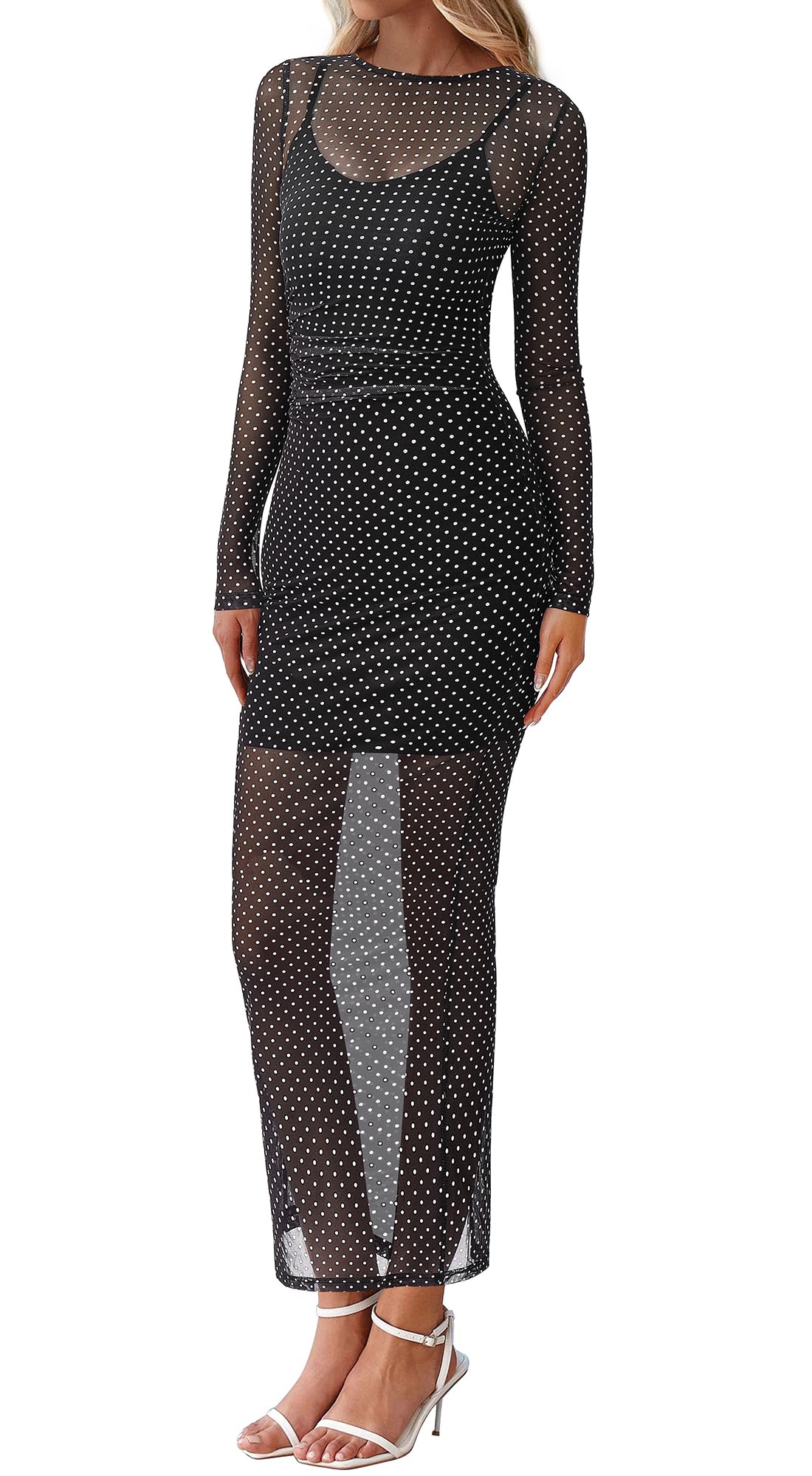 BTFBM Spring Dresses for Women 2 Piece Set Long Sleeve Polka Dot Sexy Bodycon Mesh Dress and Slip Dress Wedding