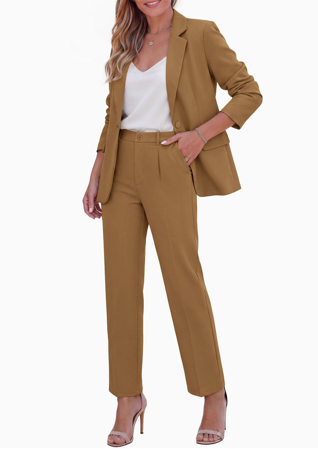 PRETTYGARDEN Two Piece Sets for Women Dressy Pant Suits Lapel Blazer,Straight Leg Dress Pants,Professional Interview Suit Set,Business Casual Outfits,Office Work Clothes,Fall Winter