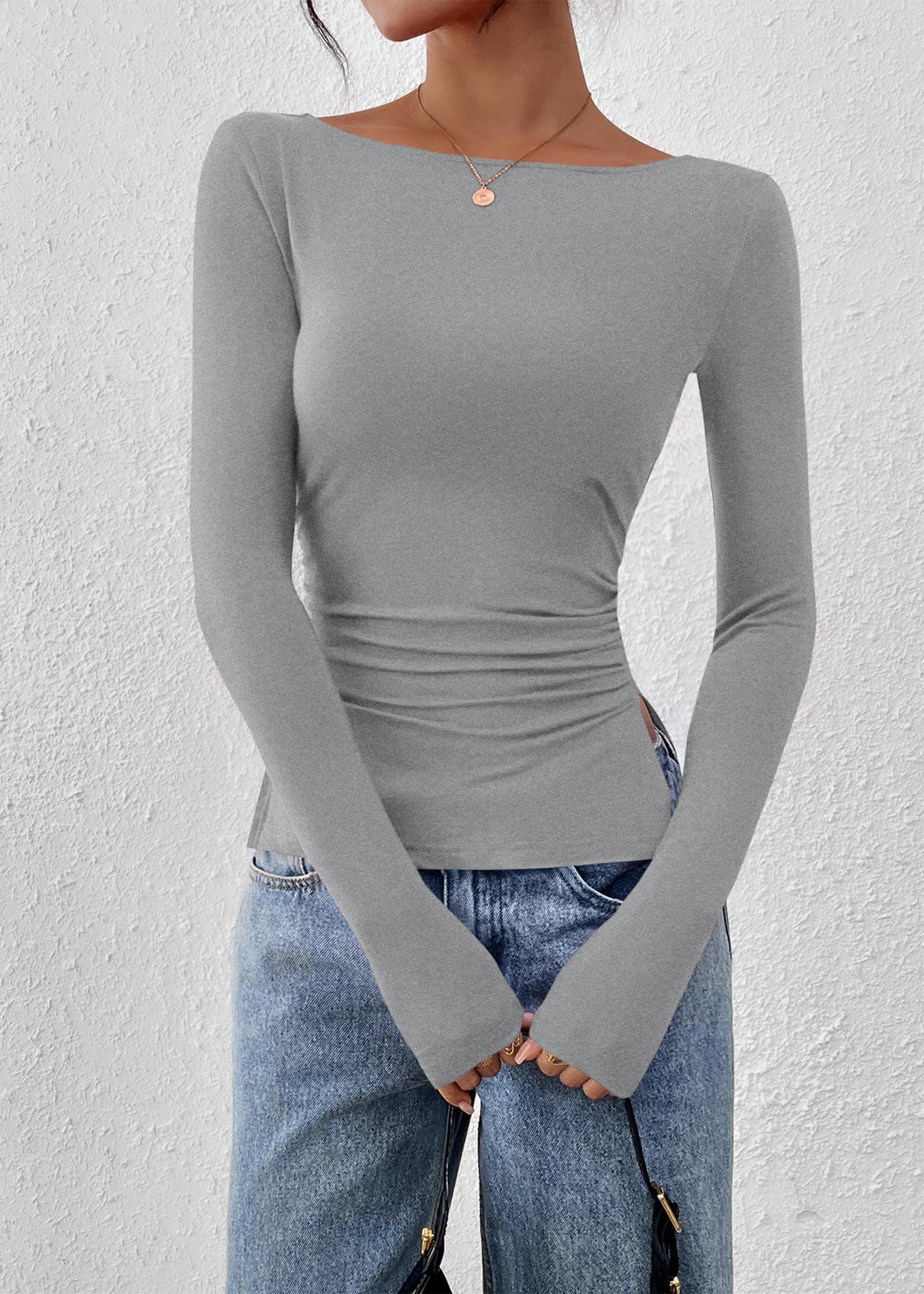 FreshPretty Long Sleeve Shirts for Women Fall Casual Boat Neck Knit Workout Going Out Tops Fitted Side Slit Basic Tees