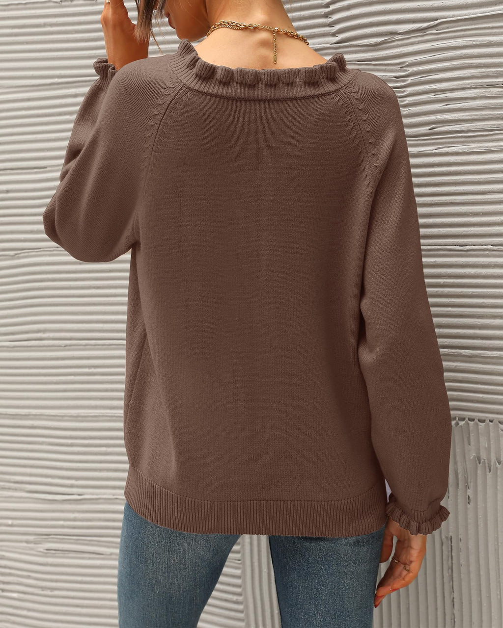 FreshPretty Womens Sweaters Fall Winter Clothes Long Sleeve Button Down Ruffle Crew Neck Casual Knitted Pullover Tops