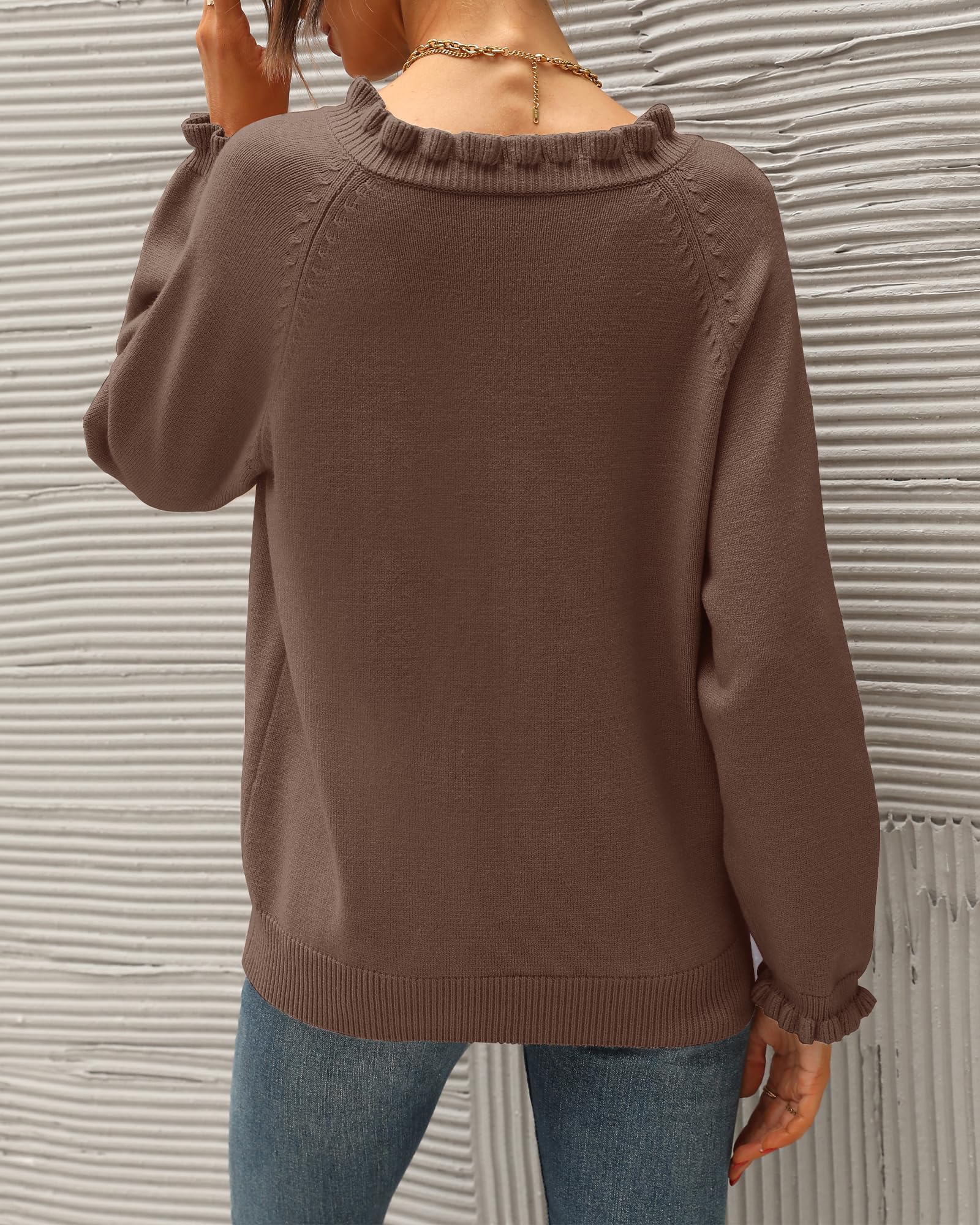 FreshPretty Womens Sweaters Fall Winter Clothes Long Sleeve Button Down Ruffle Crew Neck Casual Knitted Pullover Tops