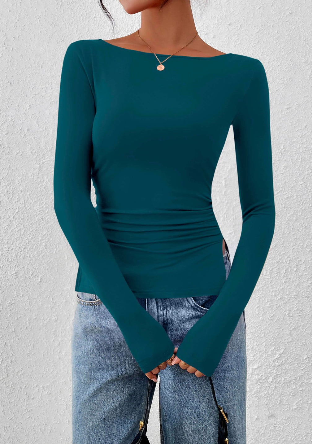 FreshPretty Long Sleeve Shirts for Women Fall Casual Boat Neck Knit Workout Going Out Tops Fitted Side Slit Basic Tees
