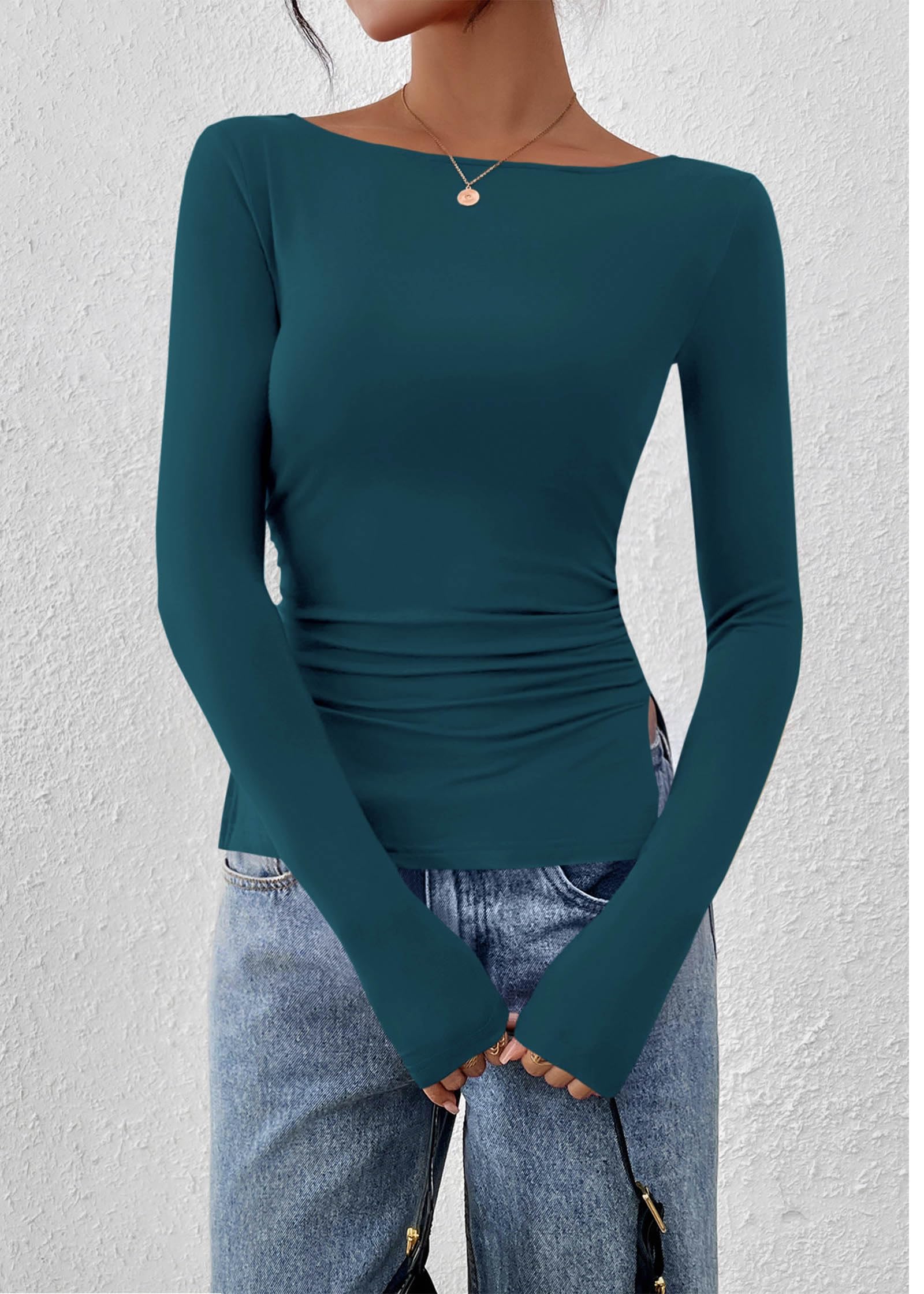 FreshPretty Long Sleeve Shirts for Women Fall Casual Boat Neck Knit Workout Going Out Tops Fitted Side Slit Basic Tees