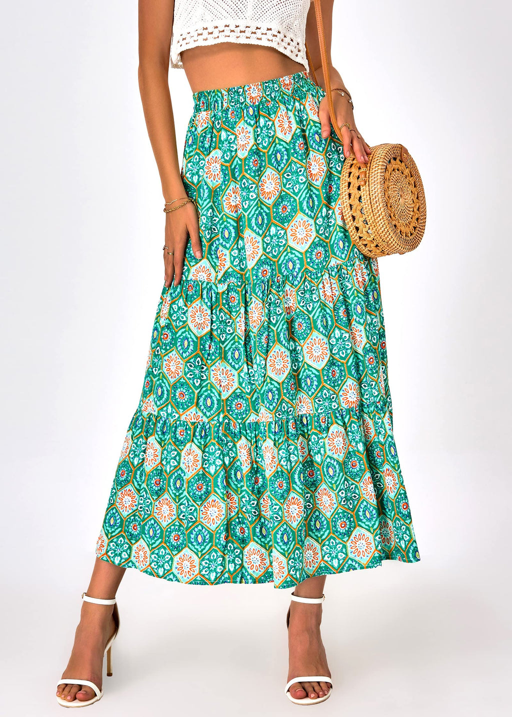 FreshPretty Women Summer Fall Boho Long Skirts Dress Floral Print Elastic Waist Split Ruffle High Low Beach Maxi Skirt