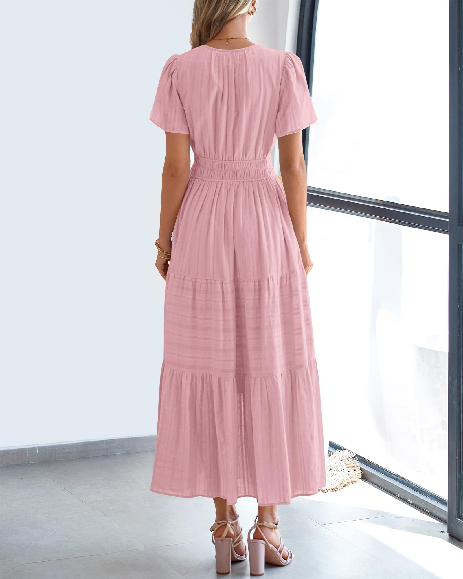 BTFBM Womens Summer Casual Midi Maxi Dresses Lightweight Short Sleeve V Neck Elastic Waist Boho Beach Dress Pockets