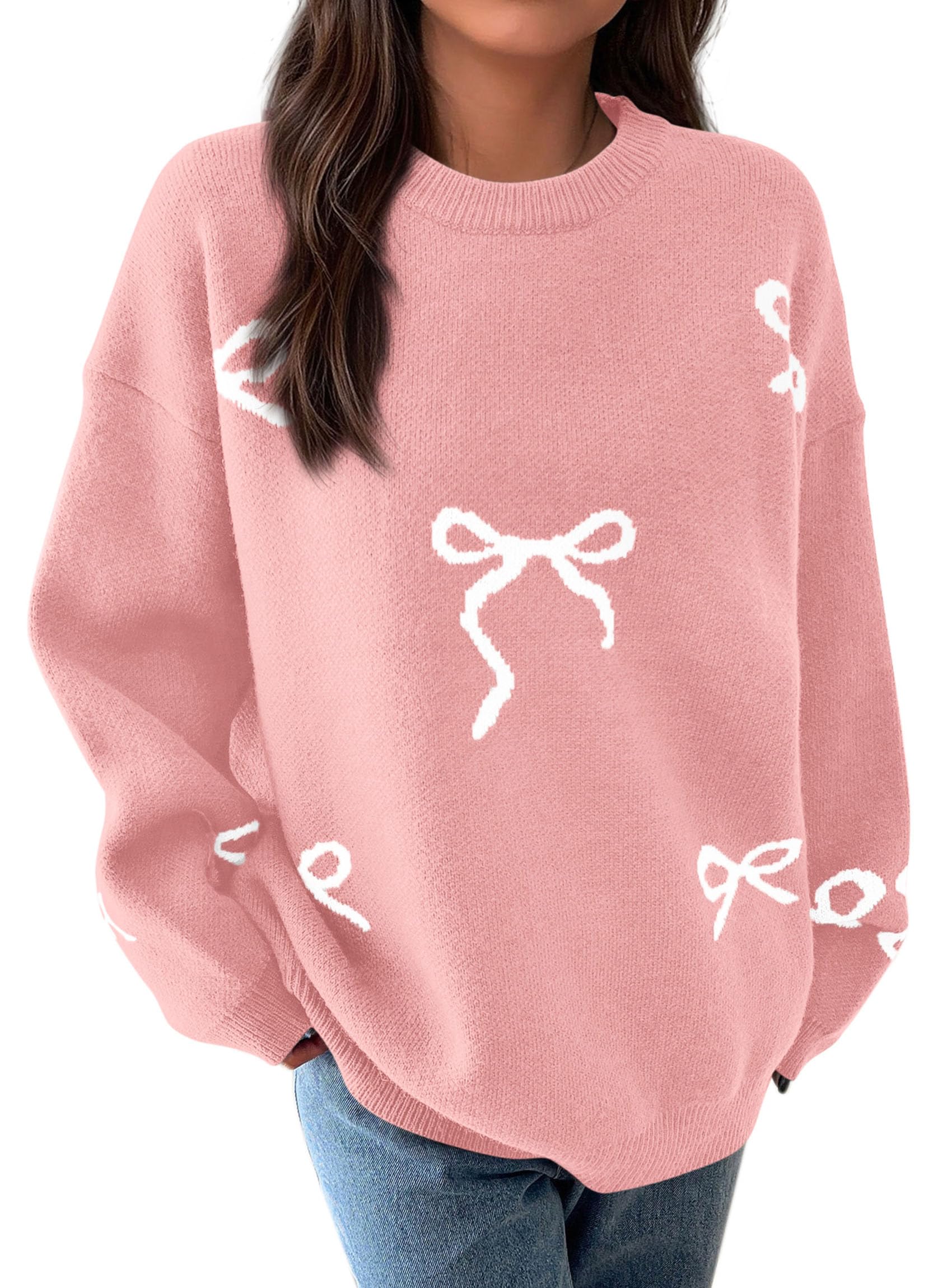 PRETTYGARDEN Fall Long Sleeve Pullover Sweaters for Women Trendy Crewneck Casual Cute Bow Chunky Knit Oversized Sweater