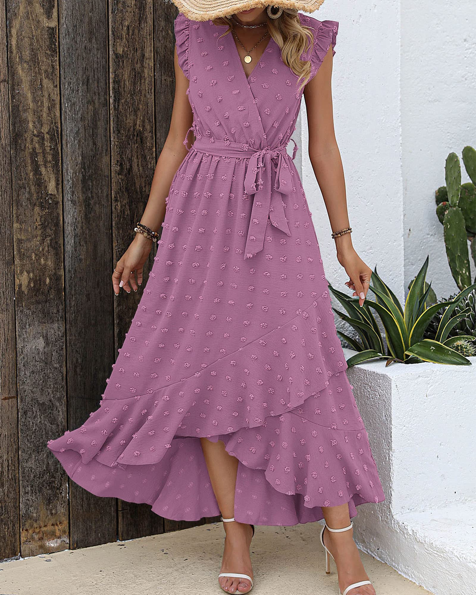 BTFBM Boho Dresses for Women Spring Fashion Cap Sleeve Swiss Dot Flowy Ruffle Beach Wedding Cocktail Maxi Dress