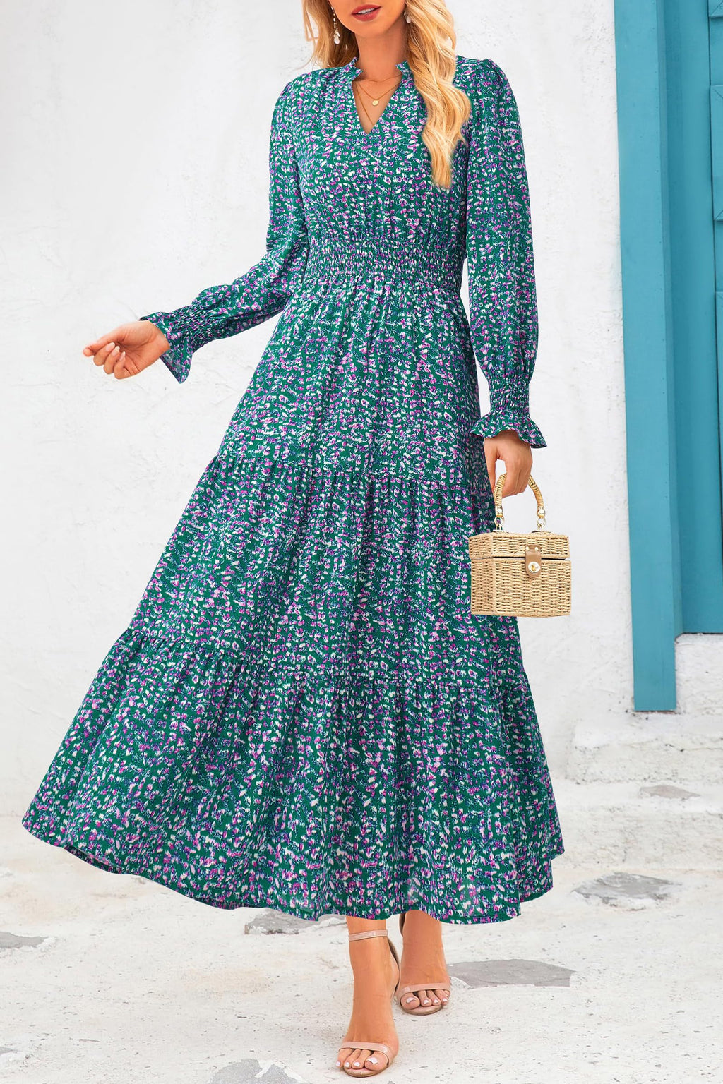 PRETTYGARDEN Women's Floral Maxi Dress Fall Long Sleeve V Neck Casual A Line Long Flowy Boho Party Dresses