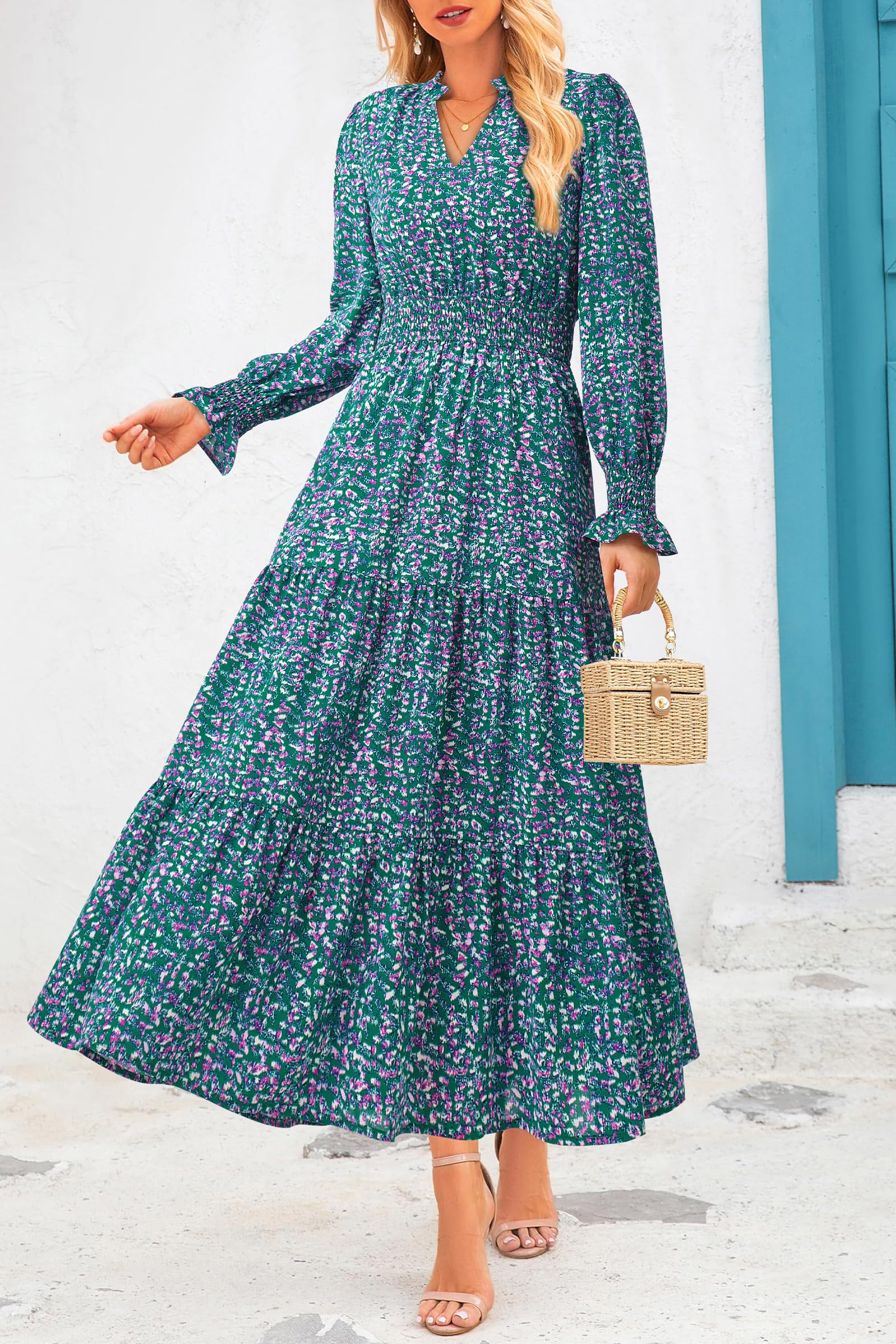 PRETTYGARDEN Women's Floral Maxi Dress Fall Long Sleeve V Neck Casual A Line Long Flowy Boho Party Dresses