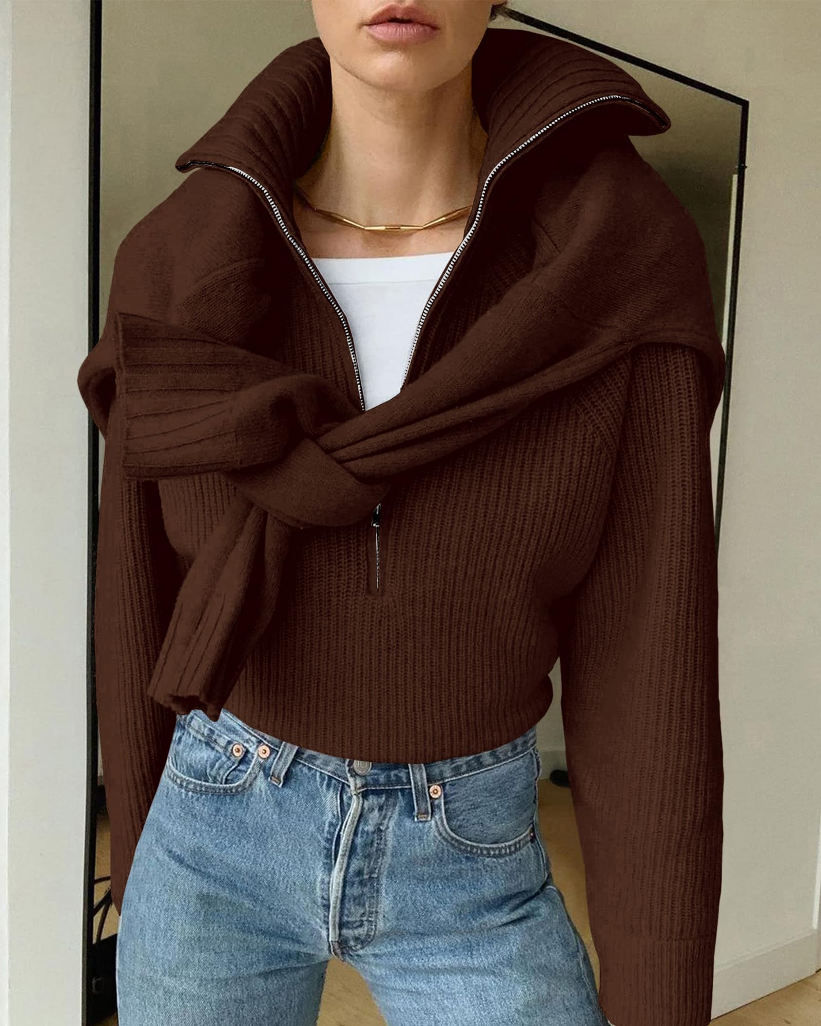 FreshPretty Womens Sweaters Quarter Zip Pullover V Neck Collar Long Sleeve Ribbed Knit Loose Casual Winter Fall Sweater