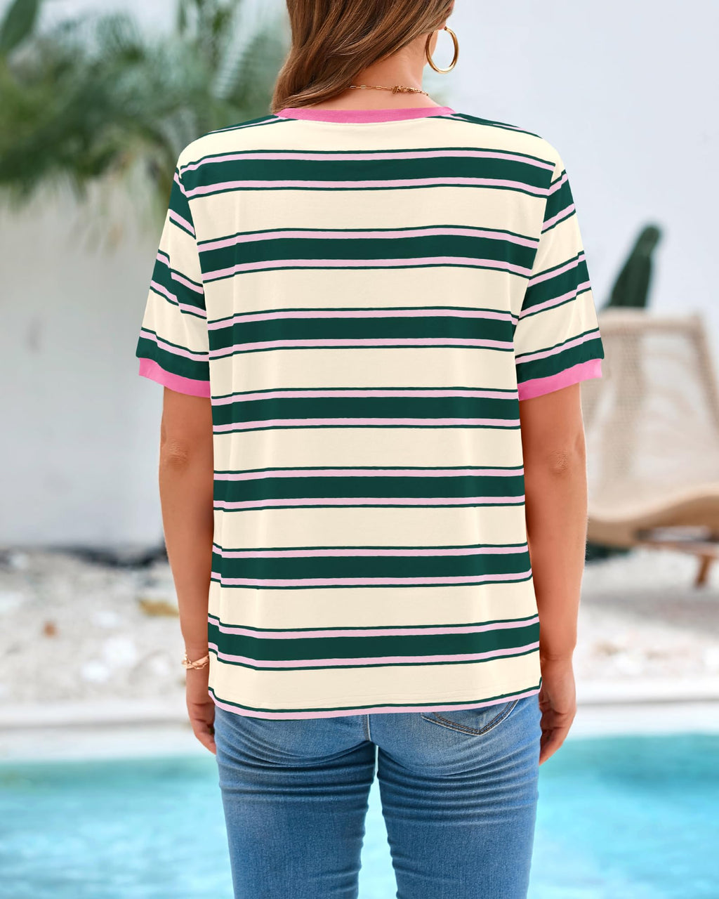BTFBM Summer Tops for Women Crewneck Short Sleeve Striped T Shirts Casual Spring Clothes Color Block Basic Tee Blouses