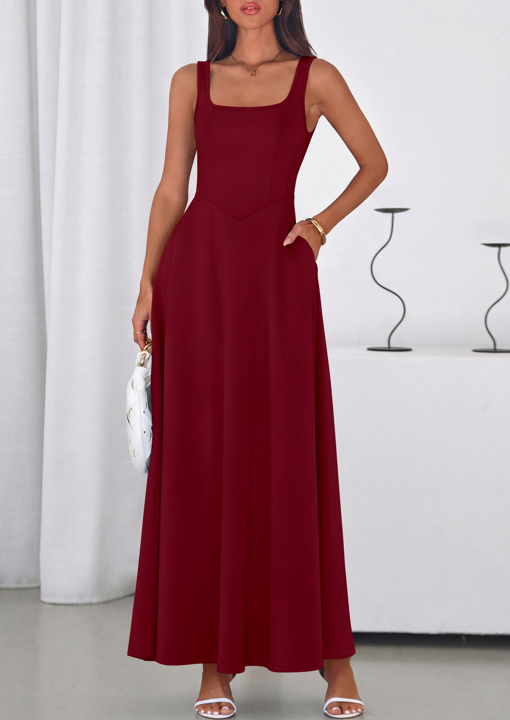 PRETTYGARDEN Womens Summer Dresses Sleeveless Elegant Square Neck Aline Swing Maxi Beach Wedding Guest Dress Pockets