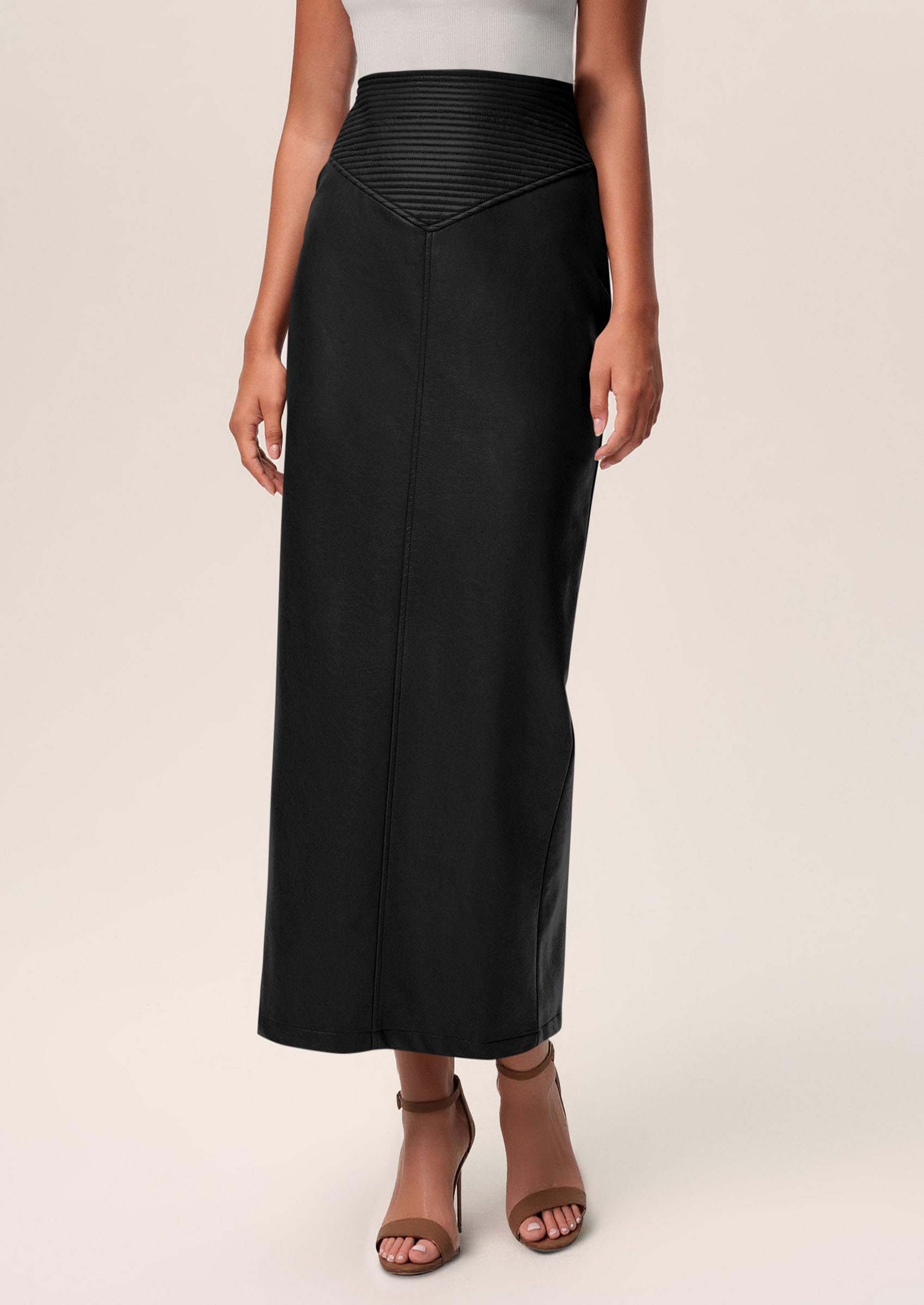 PRETTYGARDEN Long Skirts for Women Fall Fashion Clothing Faux Leather High Waist Dressy Casual Slit Pencil Maxi Skirt