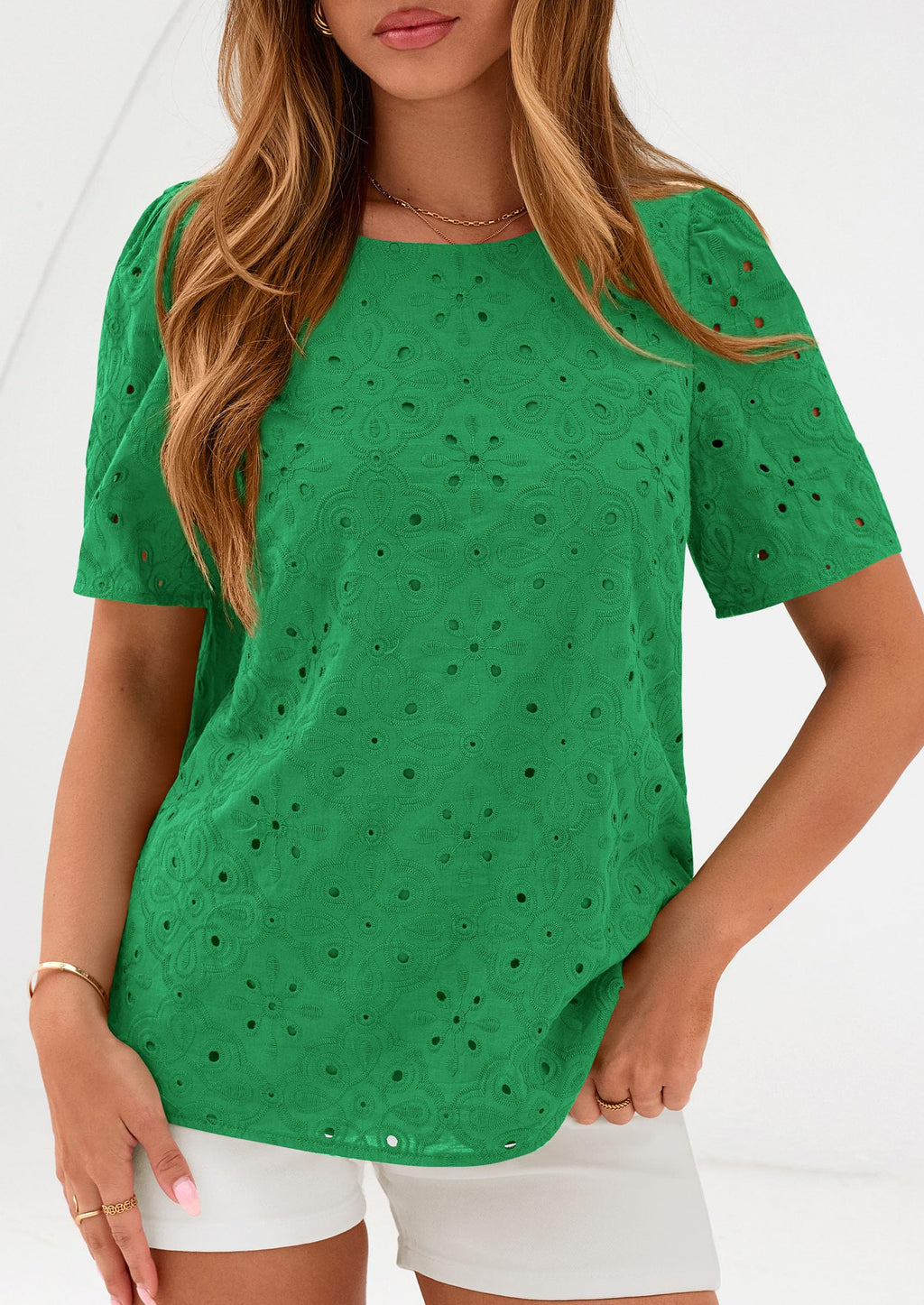 PRETTYGARDEN Women's Puff Short Sleeve Eyelet Shirts Summer Lace Blouses Dressy Casual Work Tops Spring Teacher Clothes