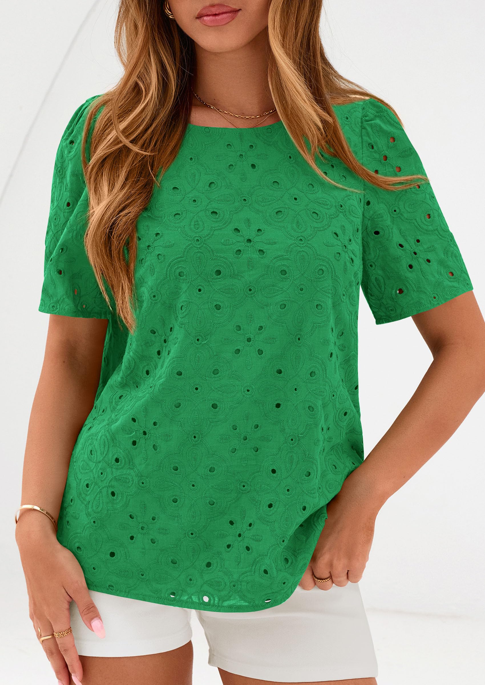 PRETTYGARDEN Women's Puff Short Sleeve Eyelet Shirts Summer Lace Blouses Dressy Casual Work Tops Spring Teacher Clothes