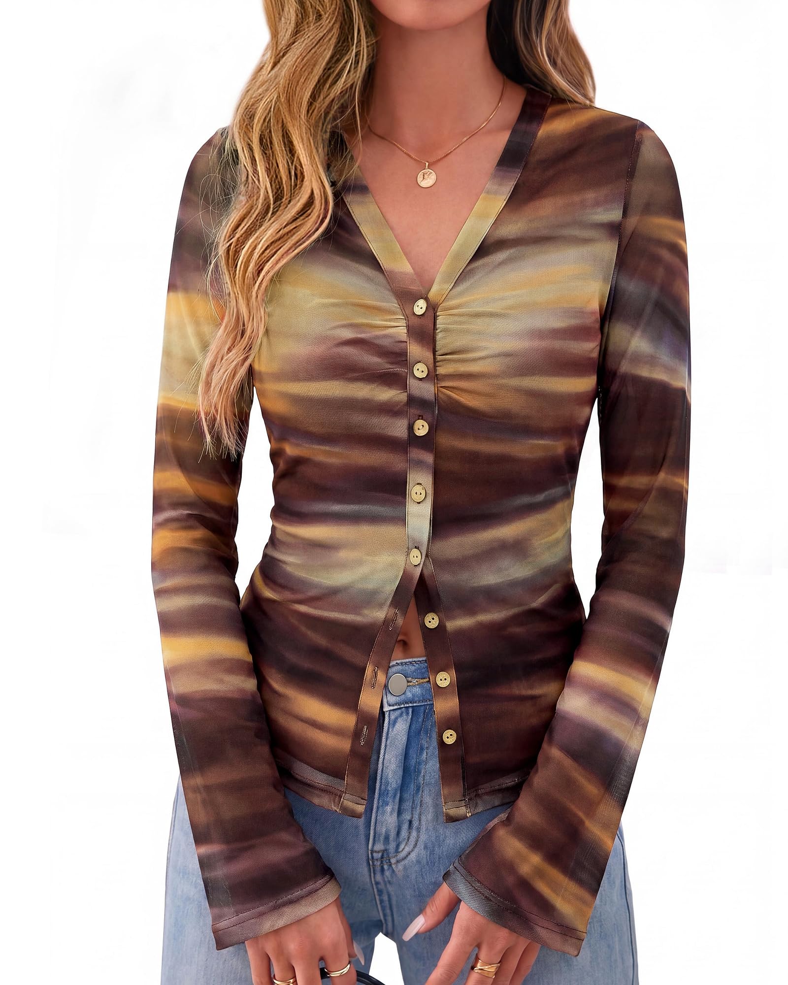 BTFBM Button Down Shirts for Women Spring Boho Tops V Neck Long Sleeve Blouses Ruched Mesh Fitted Fall Fashion