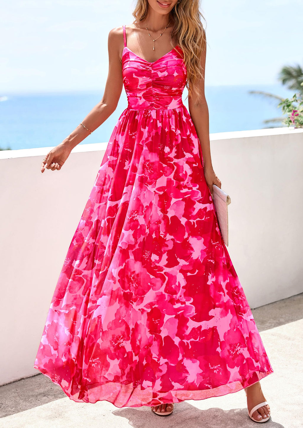 PRETTYGARDEN Women Summer Floral Maxi Dress Spirng Spaghetti Strap Mesh Boho Sundress Party Beach Vacation Long Dresses