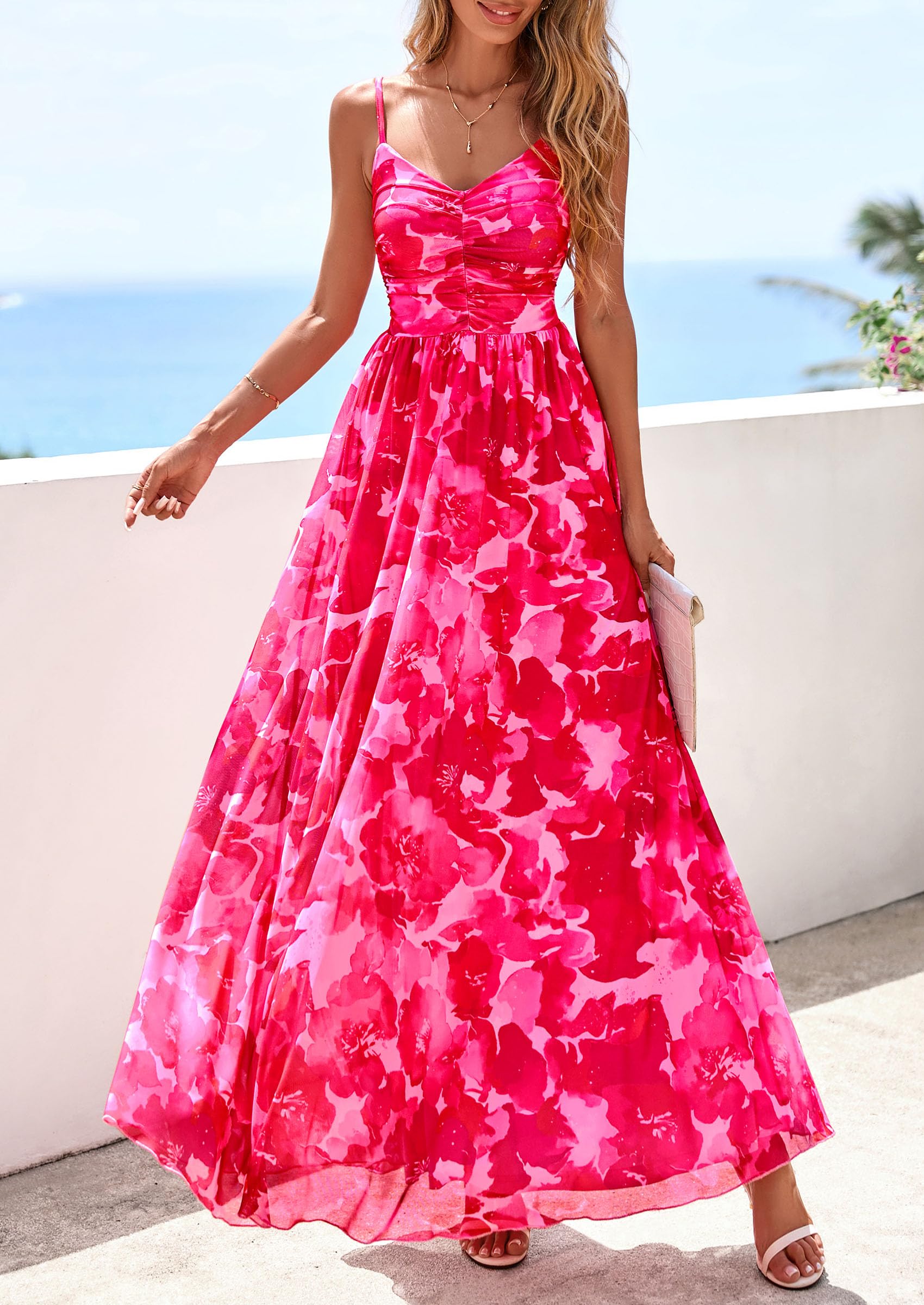 PRETTYGARDEN Women Summer Floral Maxi Dress Spirng Spaghetti Strap Mesh Boho Sundress Party Beach Vacation Long Dresses