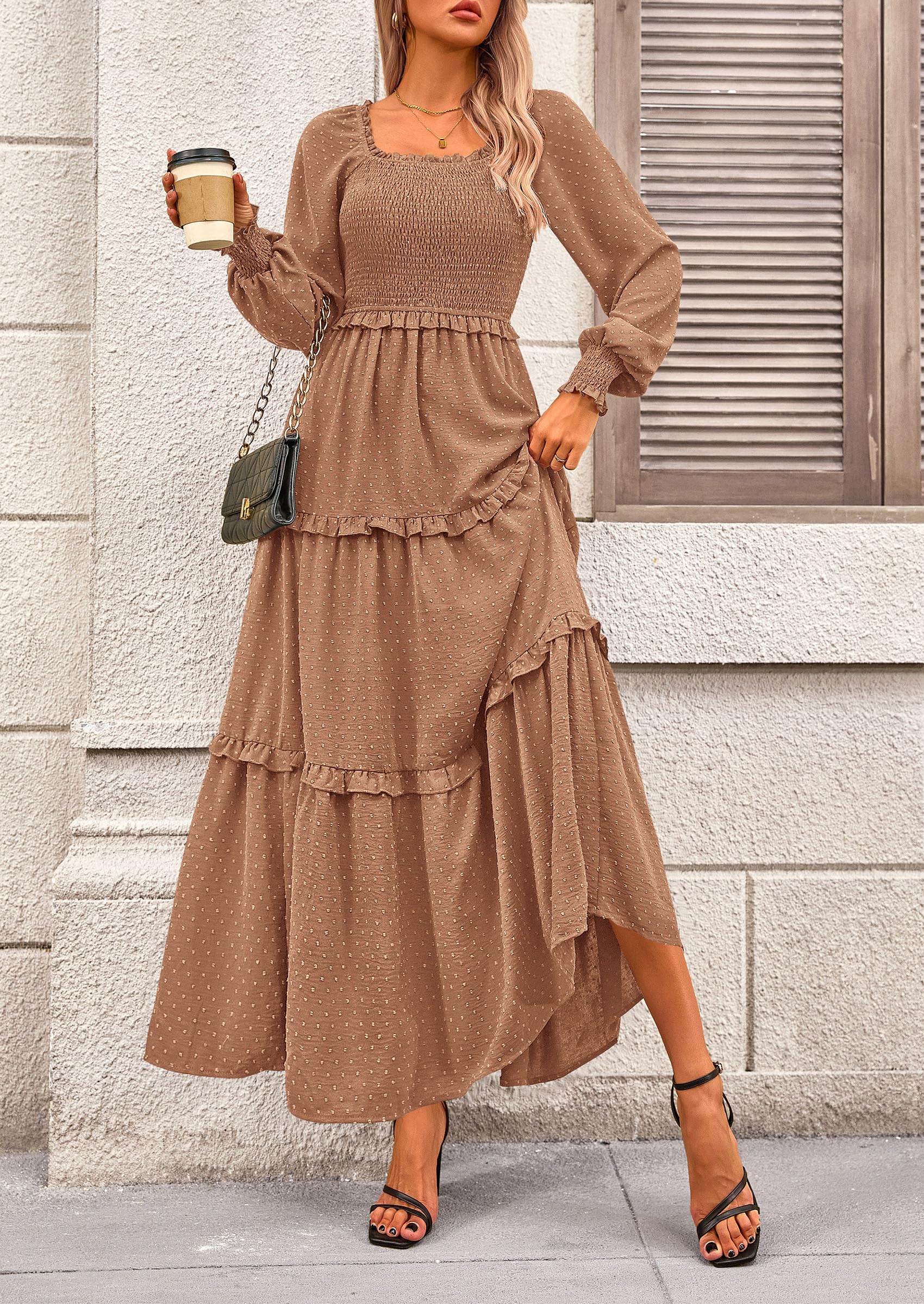 PRETTYGARDEN Fall Dresses for Women Long Sleeve Smocked Square Neck Swiss Dot Tiered Flowy Wedding Guest Maxi Dress