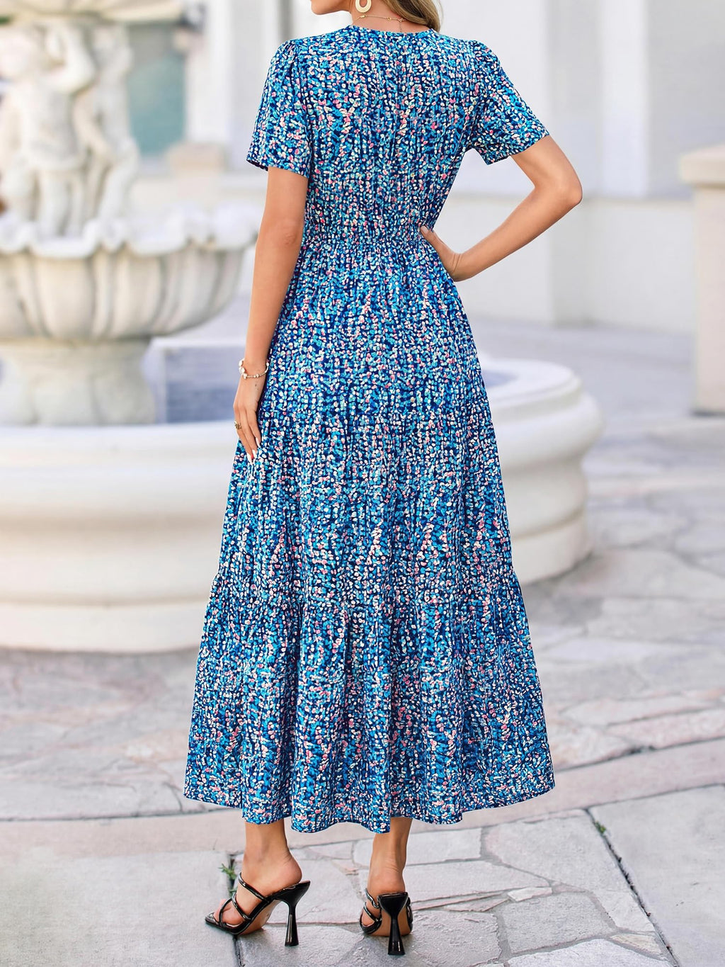 BTFBM Womens Summer Floral Maxi Dresses V Neck Short Sleeve Boho Casual Flowy Long Wedding Guest Dress Beach Vacation