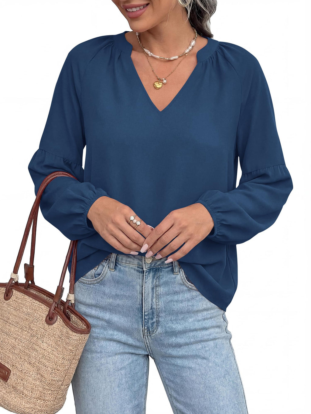 BTFBM Blouses for Women Dressy Casual Boho Tops V Neck Lightweight Long Sleeve Shirts Spring Clothes