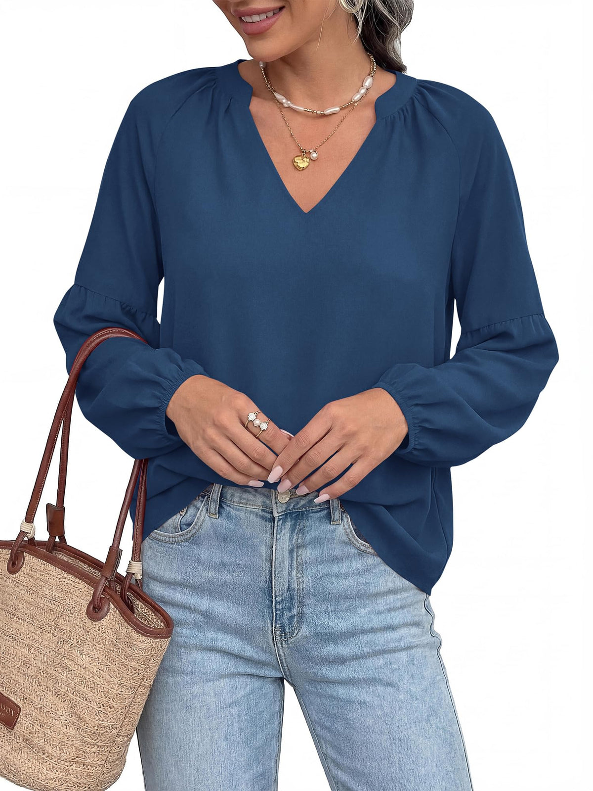 BTFBM Blouses for Women Dressy Casual Boho Tops V Neck Lightweight Long Sleeve Shirts Spring Clothes