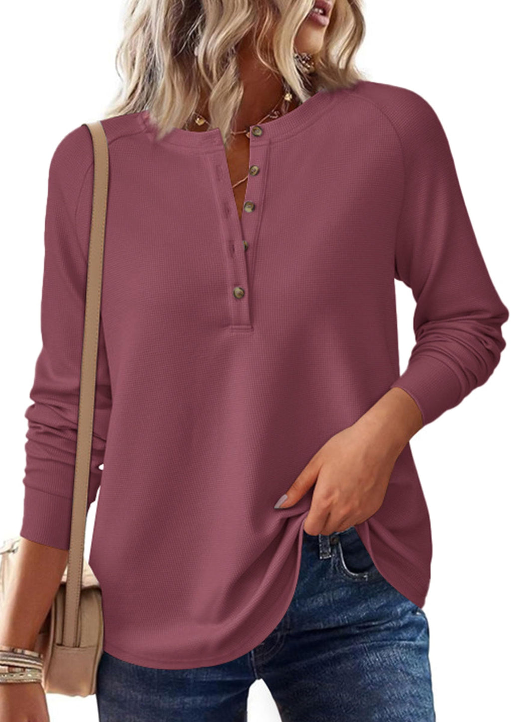 PRETTYGARDEN Women's Long Sleeve Waffle Knit Shirts Fall Casual Button Up Henley V Neck Tunic Tops Loose Fit Basic Tees