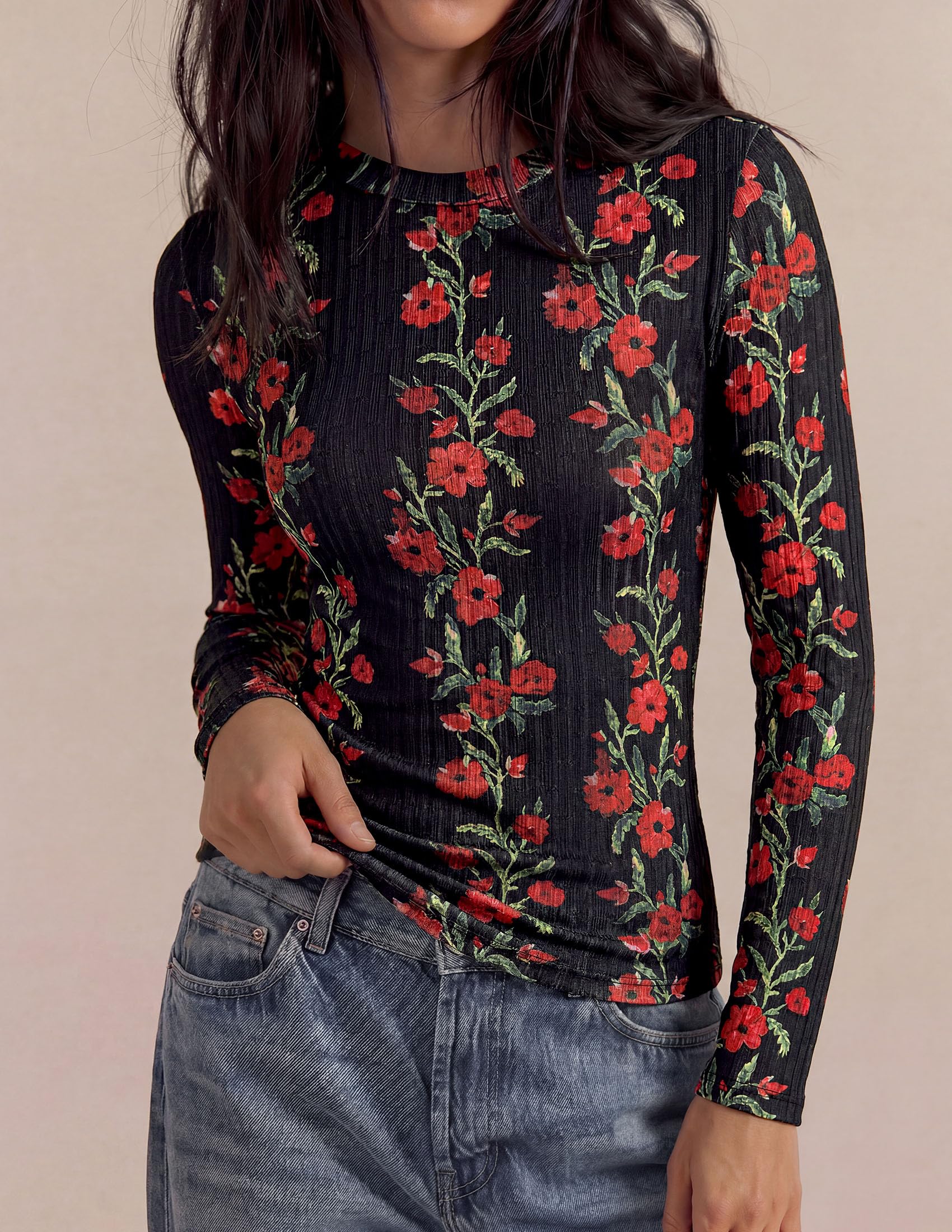 PRETTYGARDEN Womens Long Sleeve Shirts Floral Y2K Tops Soft Lightweight Ribbed Knit Top,Fitted Waist,Crew Neck Slim Fit,Going Out Vacation Outfits,Layering Fall Winter Clothes