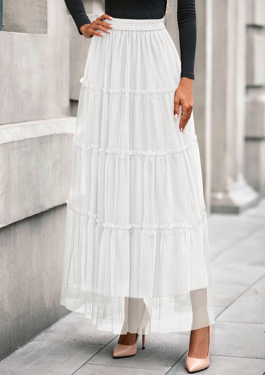 PRETTYGARDEN Tulle Skirts for Women Fall Fashion Elastic High Waisted Fairy Tiered Flowy A-Line Casual Maxi Long Skirt