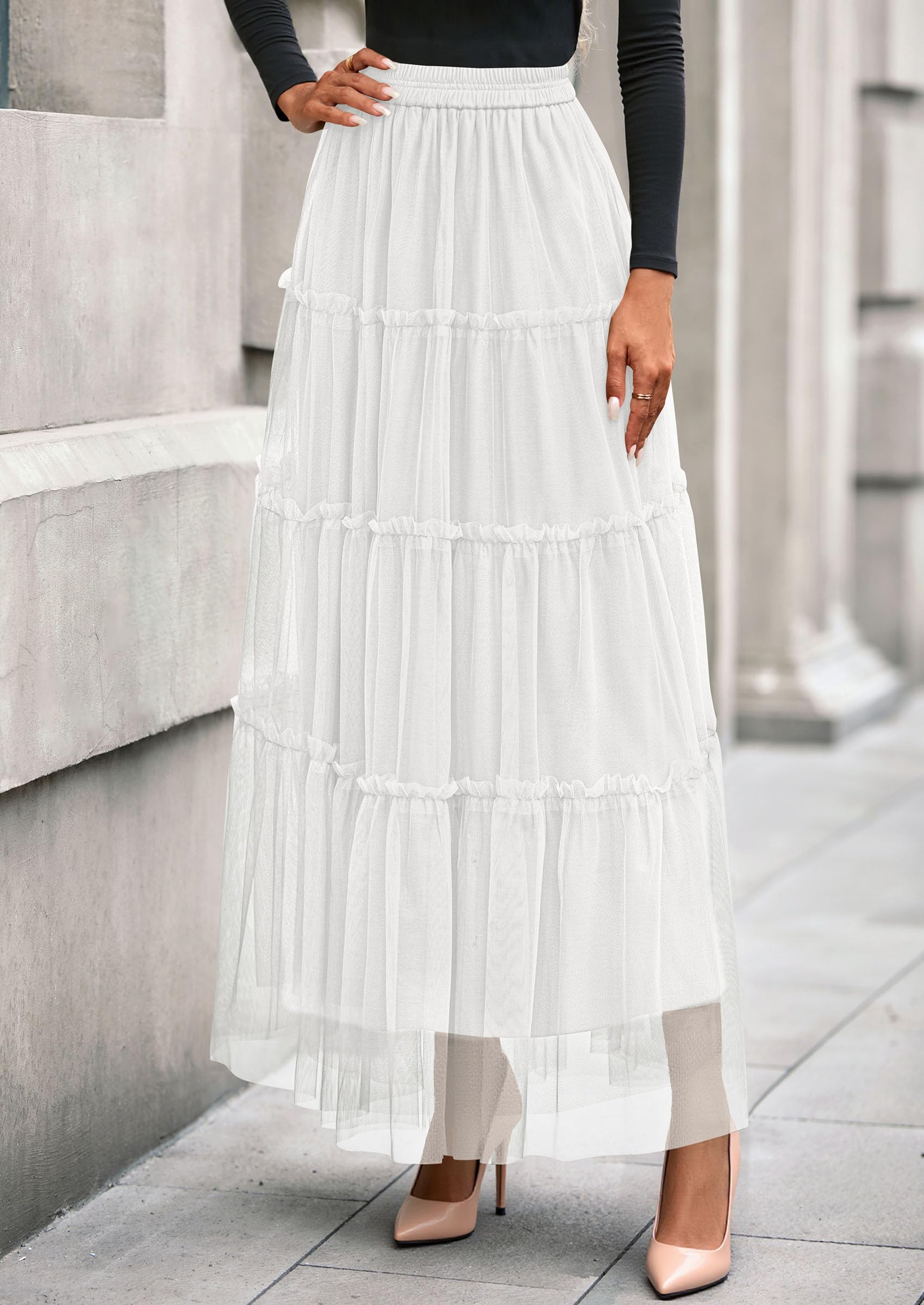 PRETTYGARDEN Tulle Skirts for Women Fall Fashion Elastic High Waisted Fairy Tiered Flowy A-Line Casual Maxi Long Skirt