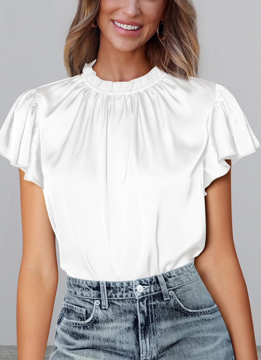 PRETTYGARDEN Business Casual Tops for Women Blouses Dressy  Summer Short Sleeve Ruffle Satin Work Office Attire