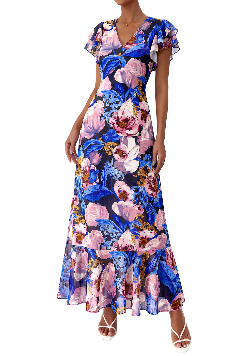 PRETTYGARDEN Womens Summer Floral Maxi Dresses Spring Short Sleeve Ruffle V Neck Flowy Boho Long Beach Vacation Sundress