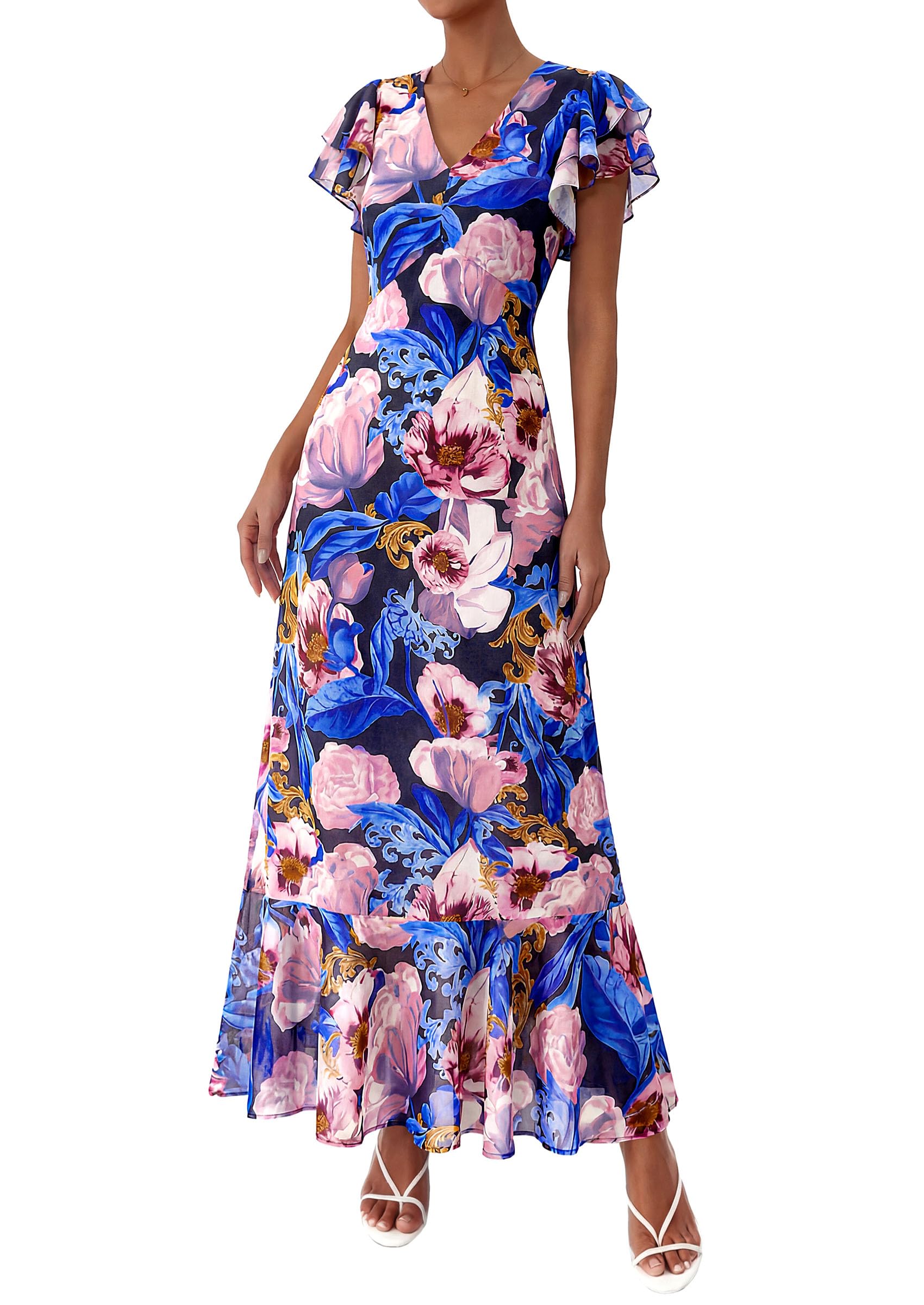PRETTYGARDEN Womens Summer Floral Maxi Dresses Spring Short Sleeve Ruffle V Neck Flowy Boho Long Beach Vacation Sundress