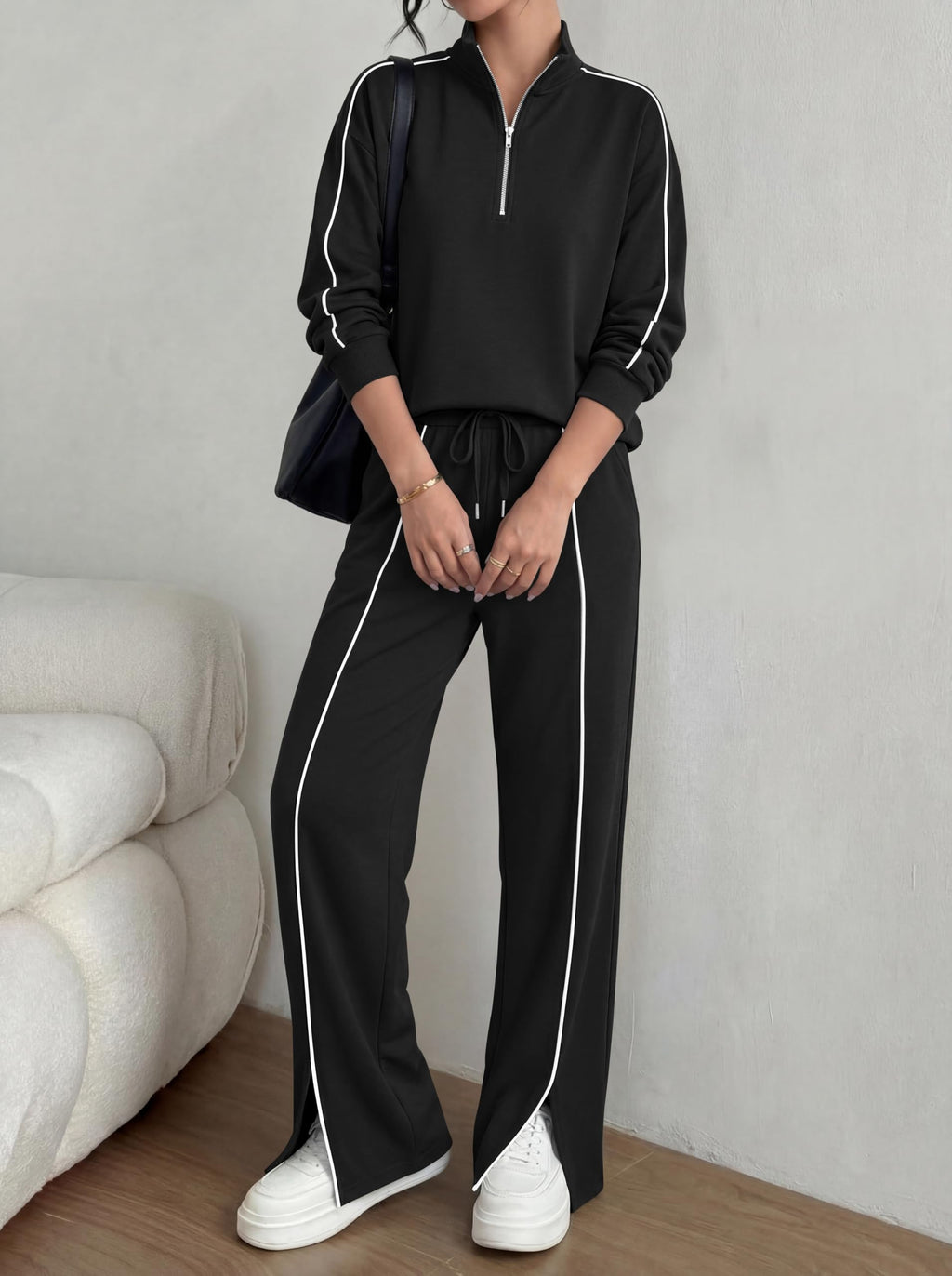 BTFBM 2 Piece Sets for Women Lounge Set Fall Outfits 2 Piece Outfits,Long Sleeve,Solid,Half Zip,Wide Leg Pants,Matching Sets Women Clothing,Tracksuits,Pants Set