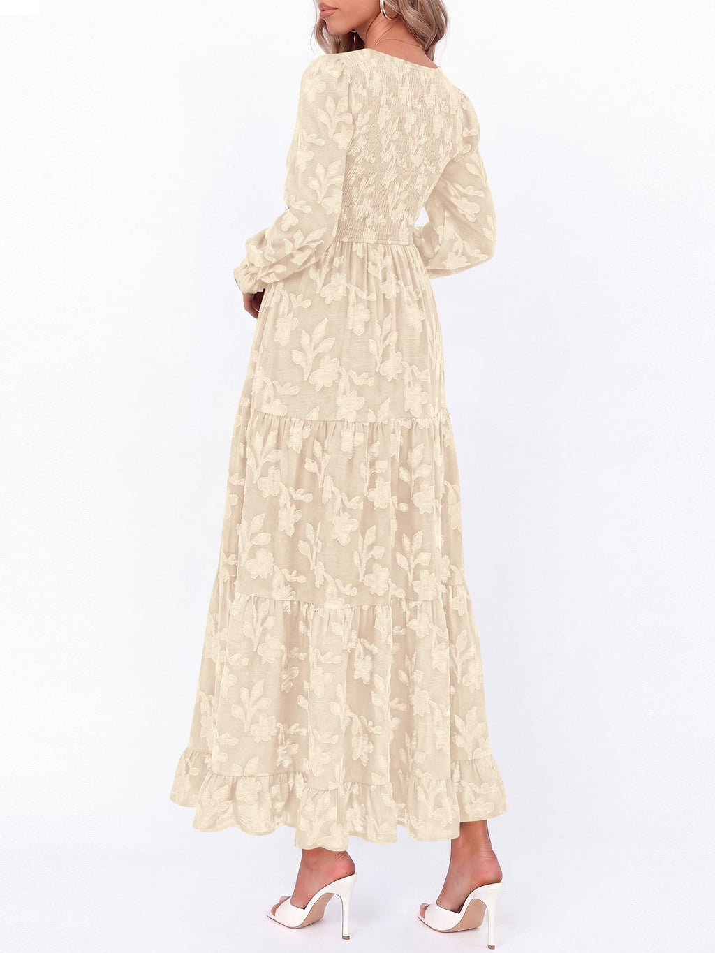 FreshPretty Womens Long Sleeve V Neck Wedding Guest Maxi Dress,Casual Floral Boho Flowy Smocked Long Dresses With Pockets, High Waist, A Line, 2026 Fall Semi Formal Cocktail Party Dress
