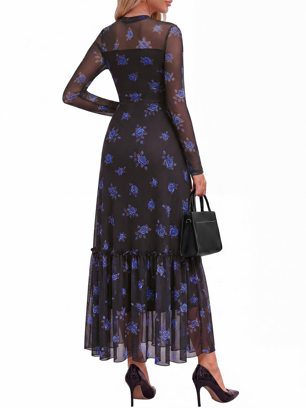 BTFBM Boho Mesh Long Sleeve Dress for Women | Mock Neck, Floral, A Line, Tiered, Graduation, Wedding, Cocktail Maxi Dresses, Fall Fashion, Resort Wear