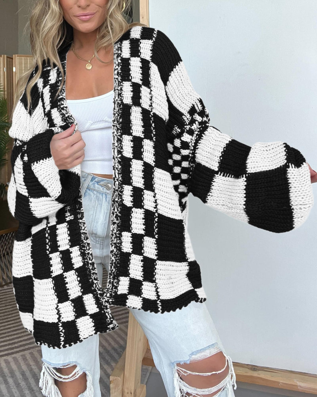 FreshPretty Casual Cardigan Sweater for Women Fall Long Sleeve Open Front Chunky Knit Sweaters Checkered Outwear Coat
