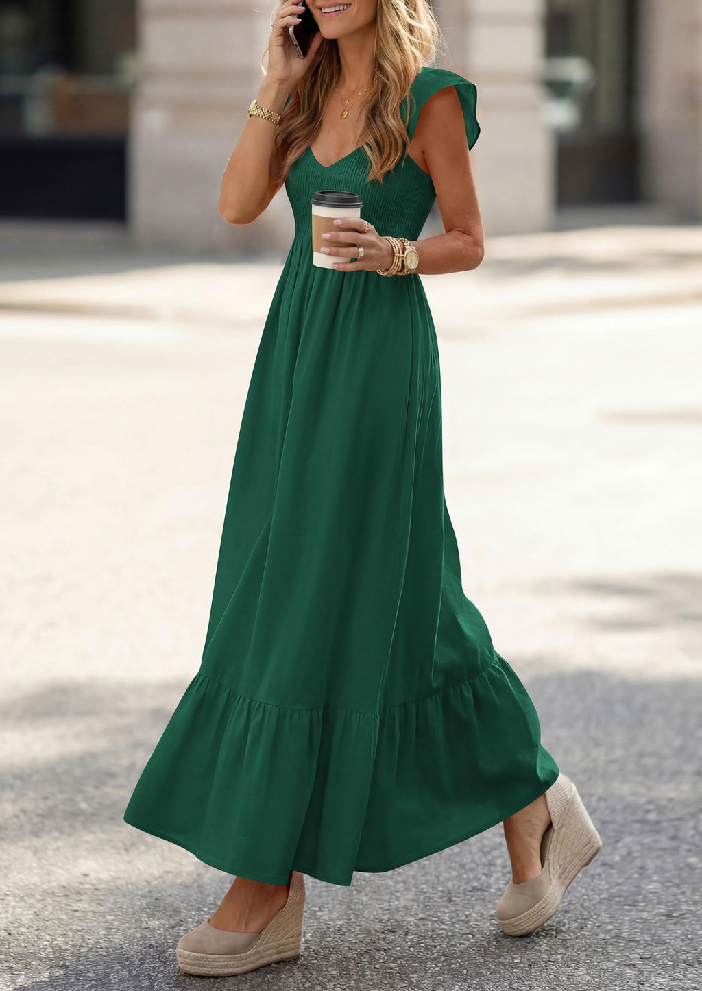 PRETTYGARDEN Women's Summer Casual Maxi Dresses Cap Sleeve V Neck Smocked Long Pockets Party Sundress Vacation Outfits