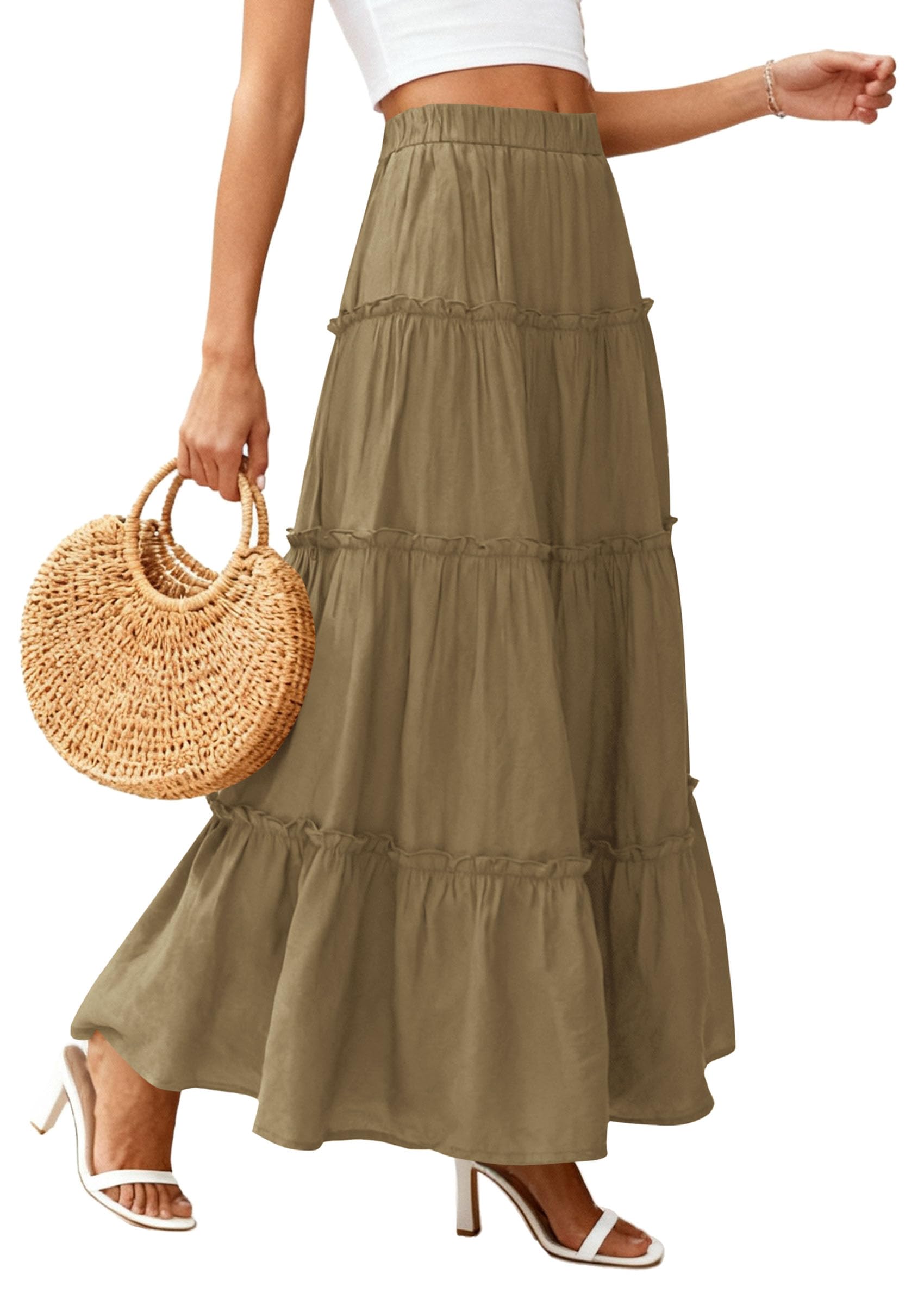 PRETTYGARDEN Women's Tiered Maxi Skirt Summer Spring Fashion High Waisted Long Flowy Casual Boho Beach Vacation Clothes