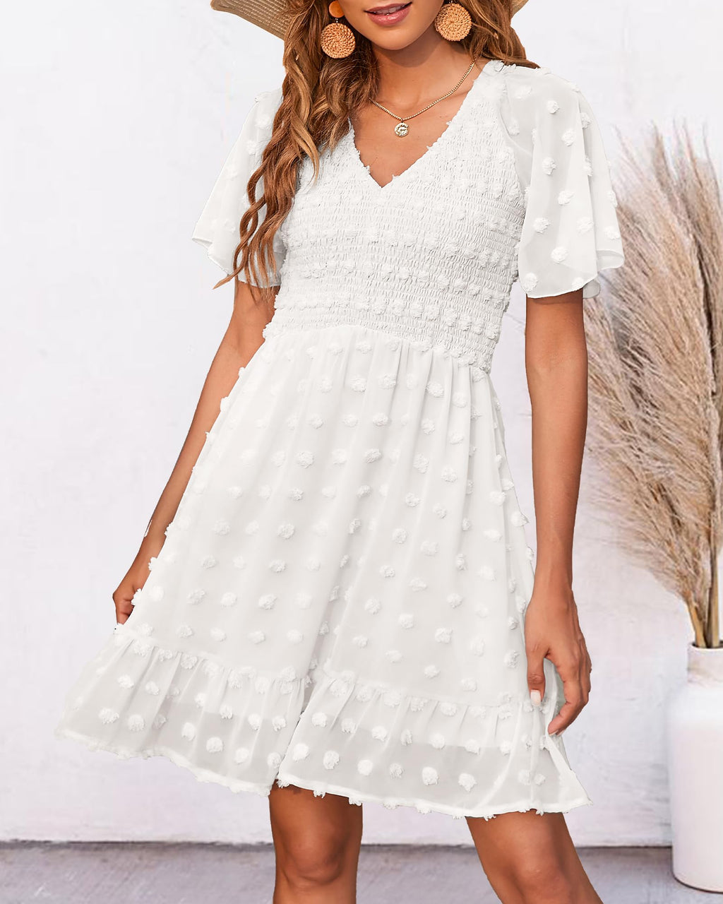 FreshPretty Womens Beach Vacation Dress Summer V Neck Short Sleeve Smocked Swiss Dot Cute Ruffle Casual Fall Mini Dresses