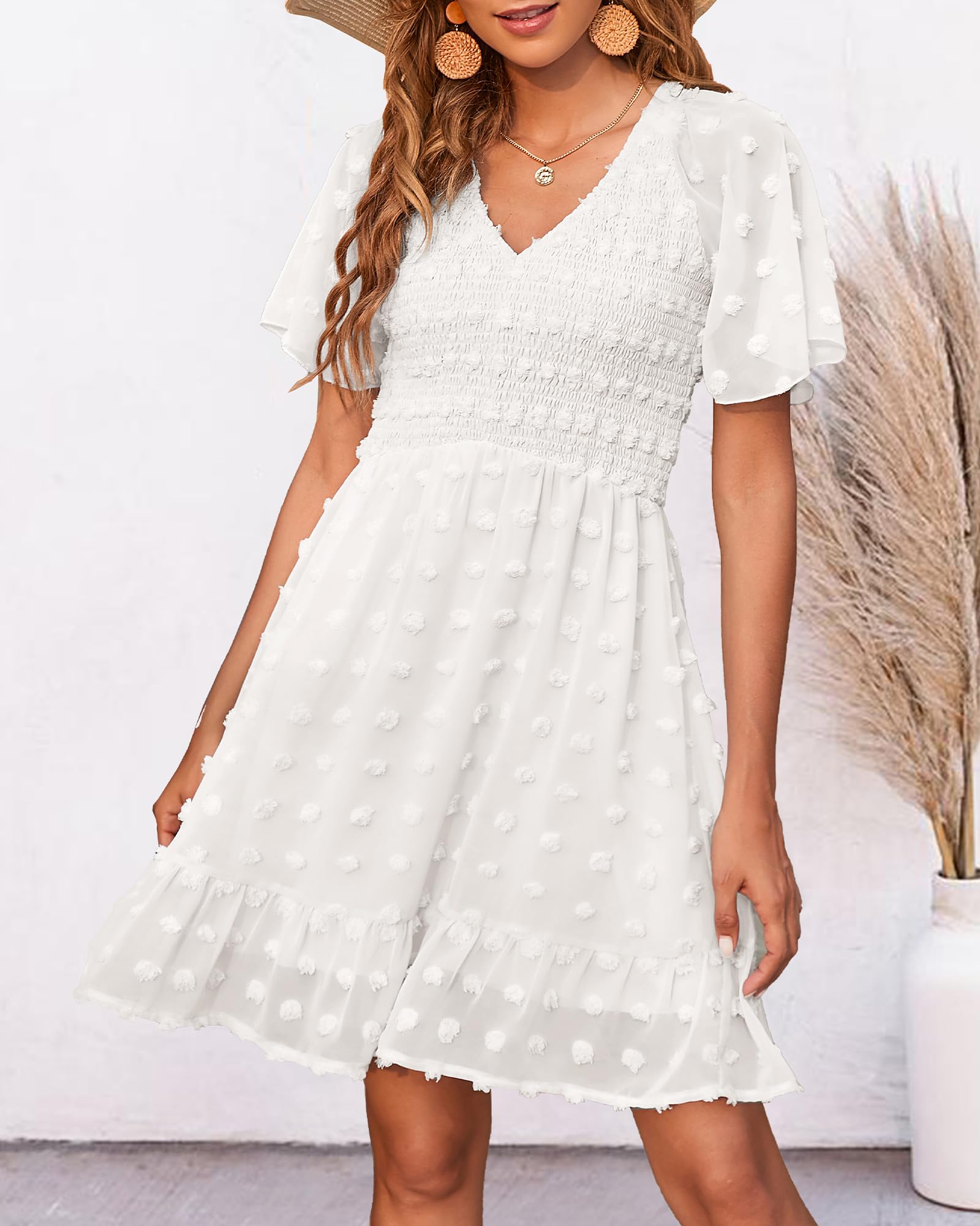 FreshPretty Womens Beach Vacation Dress Summer V Neck Short Sleeve Smocked Swiss Dot Cute Ruffle Casual Fall Mini Dresses