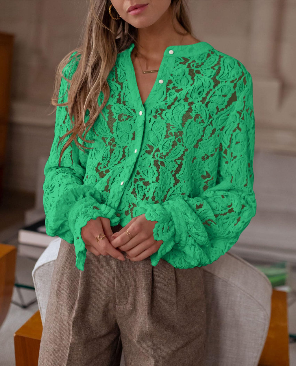 PRETTYGARDEN Women's Dressy Casual Lace Blouse Long Sleeve Button Up Shirts Tops Spring Fall Fashion Clothes