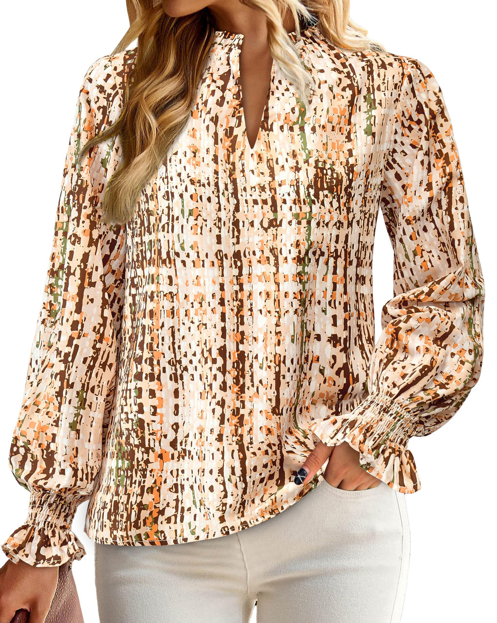 FreshPretty Womens V Neck Floral Long Sleeve Tops Summer Casual Loose Puff Sleeve Chiffon Boho Work Blouse Dressy T Shirts