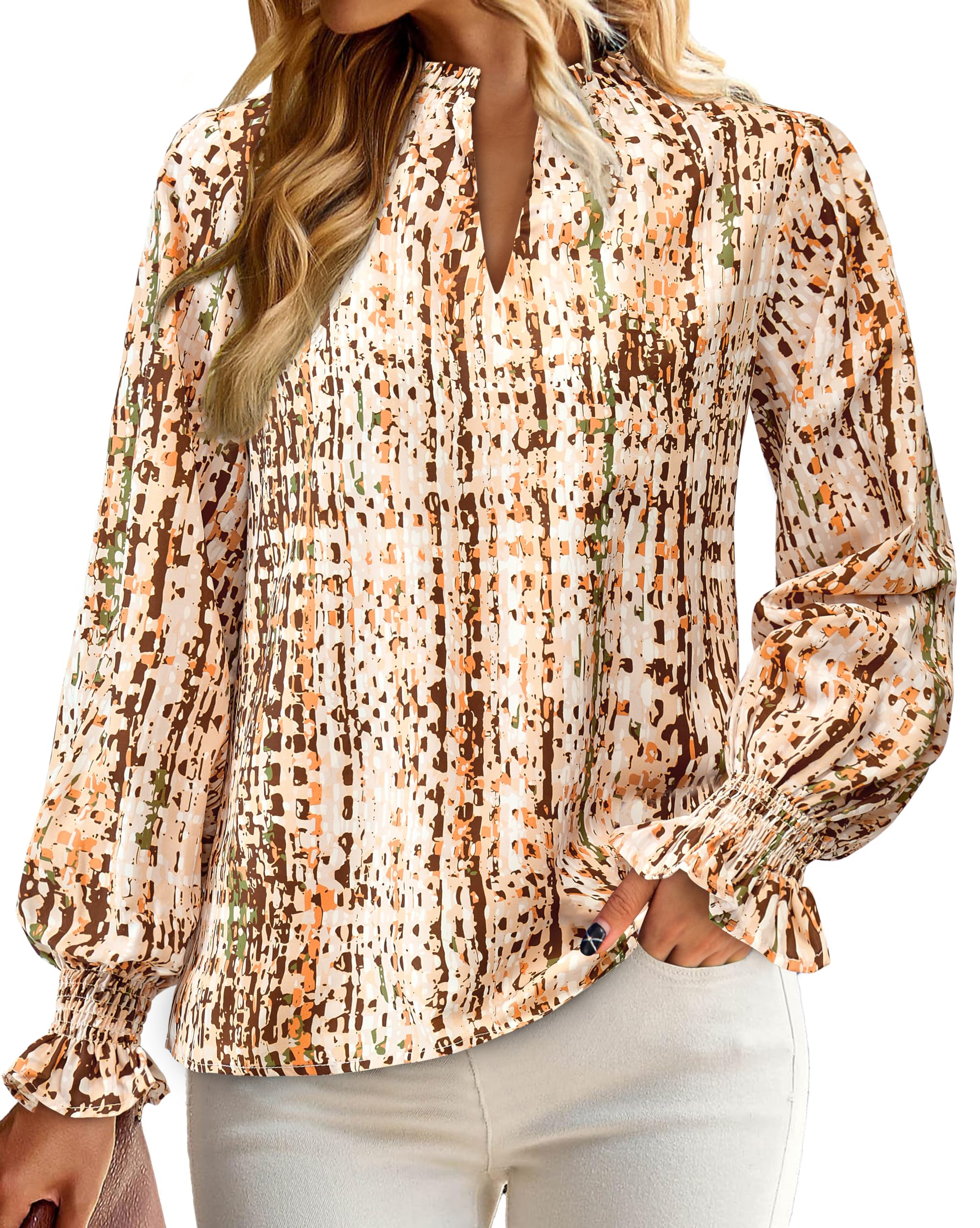 FreshPretty Womens V Neck Floral Long Sleeve Tops Summer Casual Loose Puff Sleeve Chiffon Boho Work Blouse Dressy T Shirts
