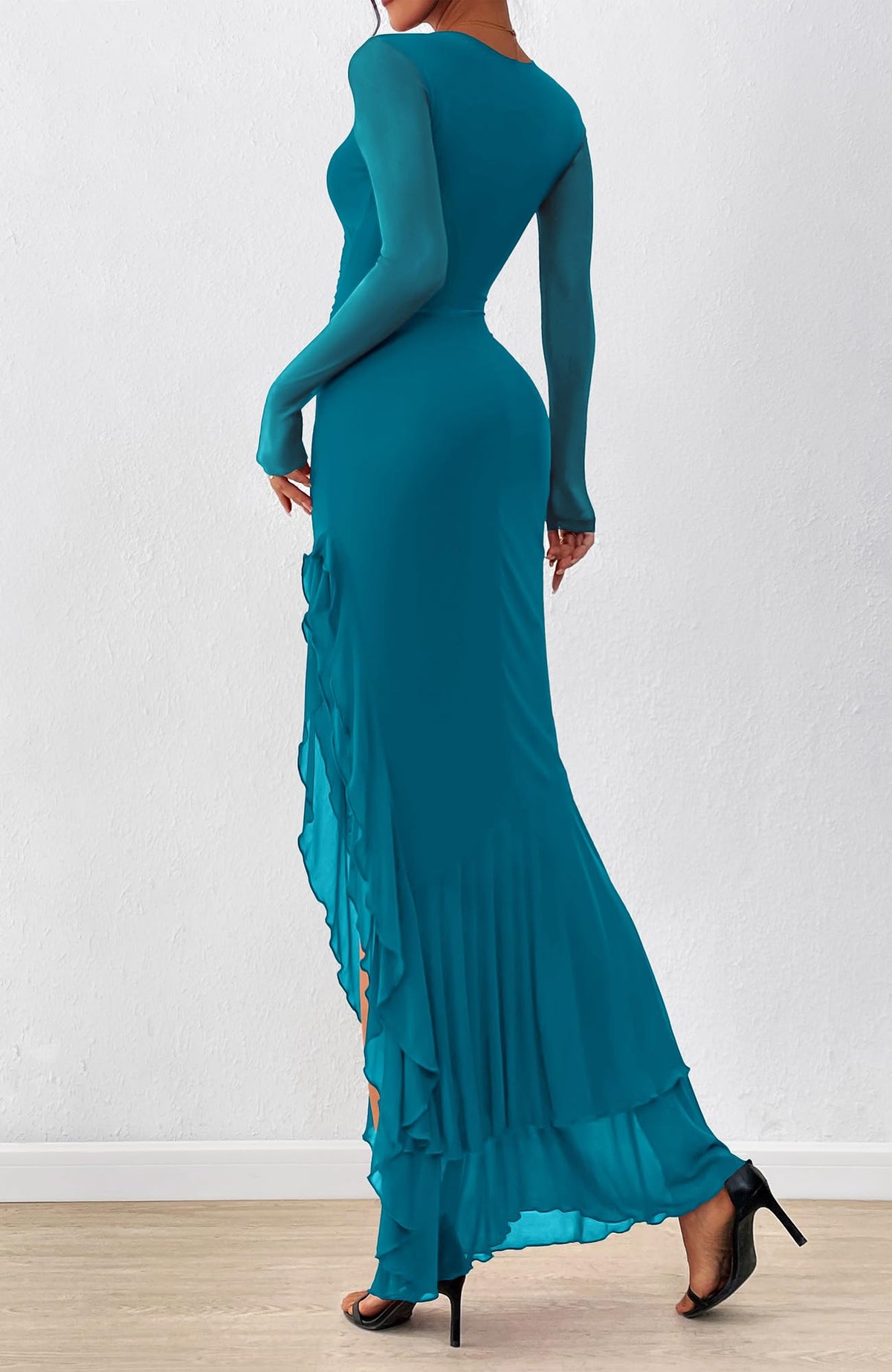 BTFBM Women's Maxi Dresses Fall Long Sleeve Wedding Guest Dress Mesh,Ruched,Bodycon,High Split,Solid Color,Ruffle, Mermaid,Cocktail Dresses,Prom,Party,Homecoming Dress,Fall Outfits